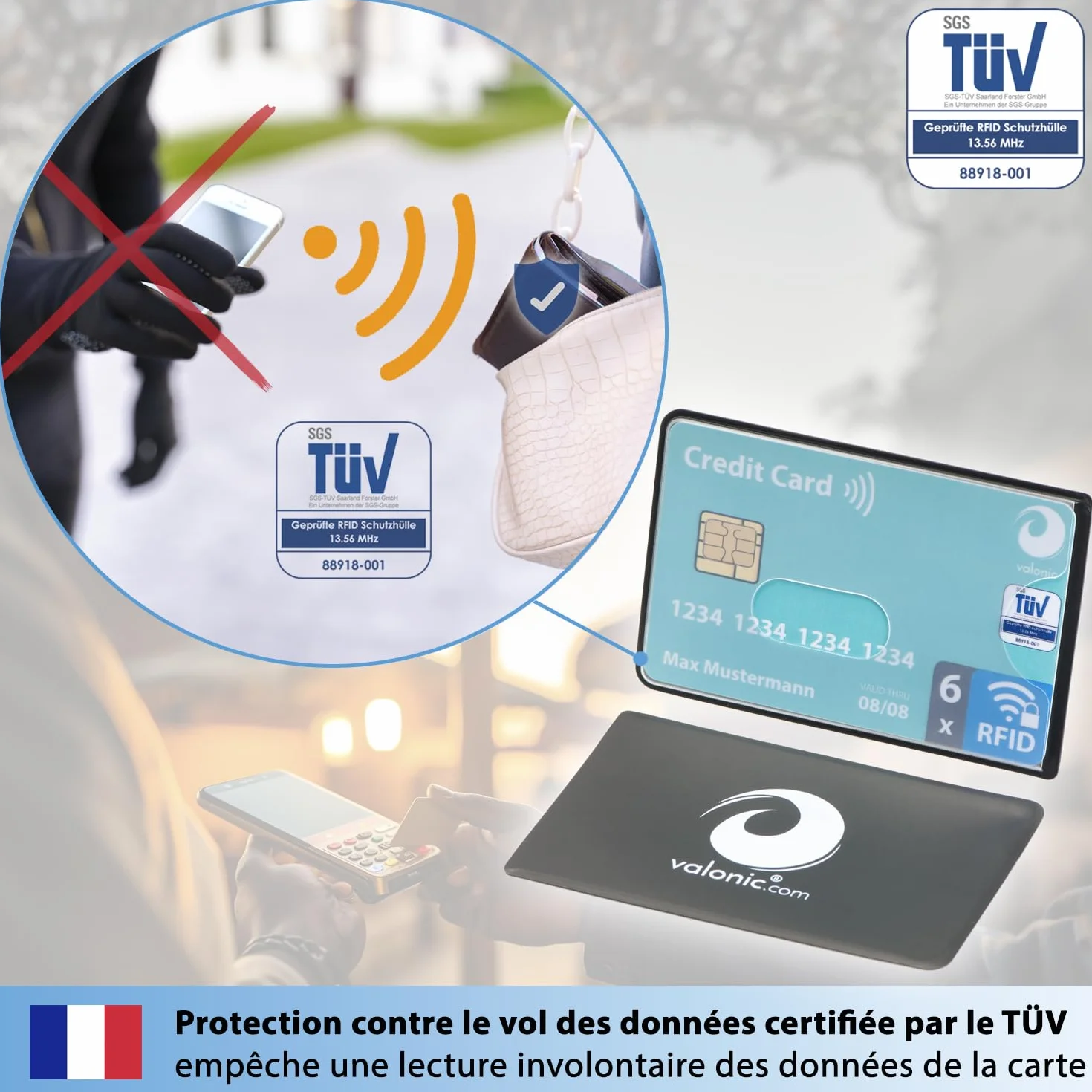 Valonic Protection Carte bancaire 6 pièces Anti RFID NFC Plastique Transparent