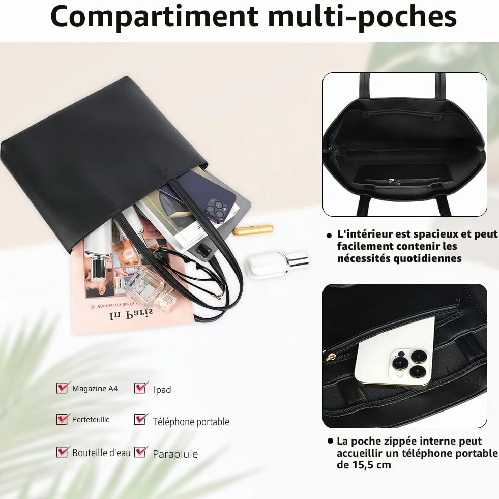 Flintronic Sac à Main Femme, Sac Cabas Grande Capacité, Fourre-Tout Cuir PU Souple, Shopper Bandoulière Travail Voyages