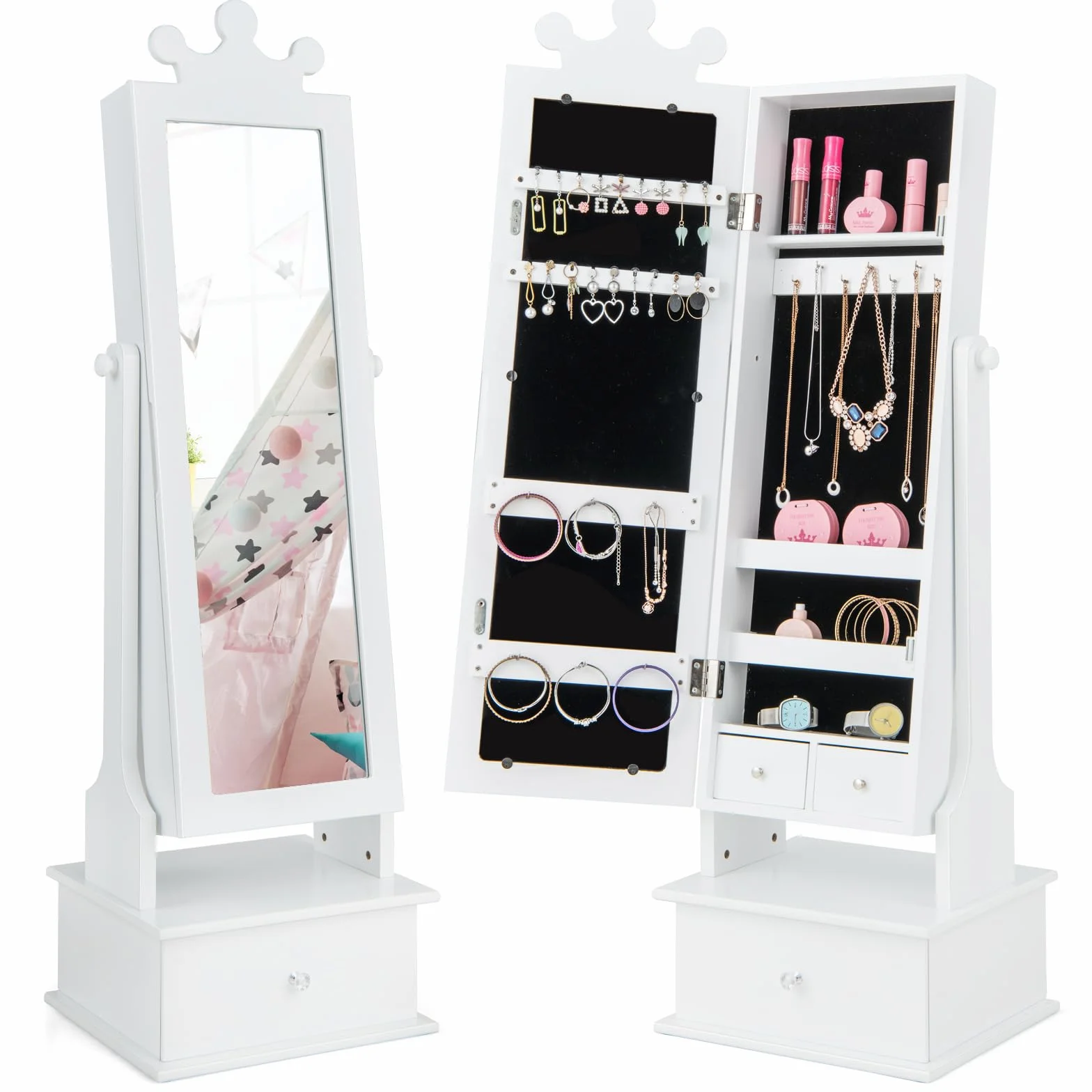 COSTWAY 2 en 1 Armoire à Bijoux Enfants avec Miroir, Organisateur Couronne 3 Tiroirs, Charge 10kg, Blanc