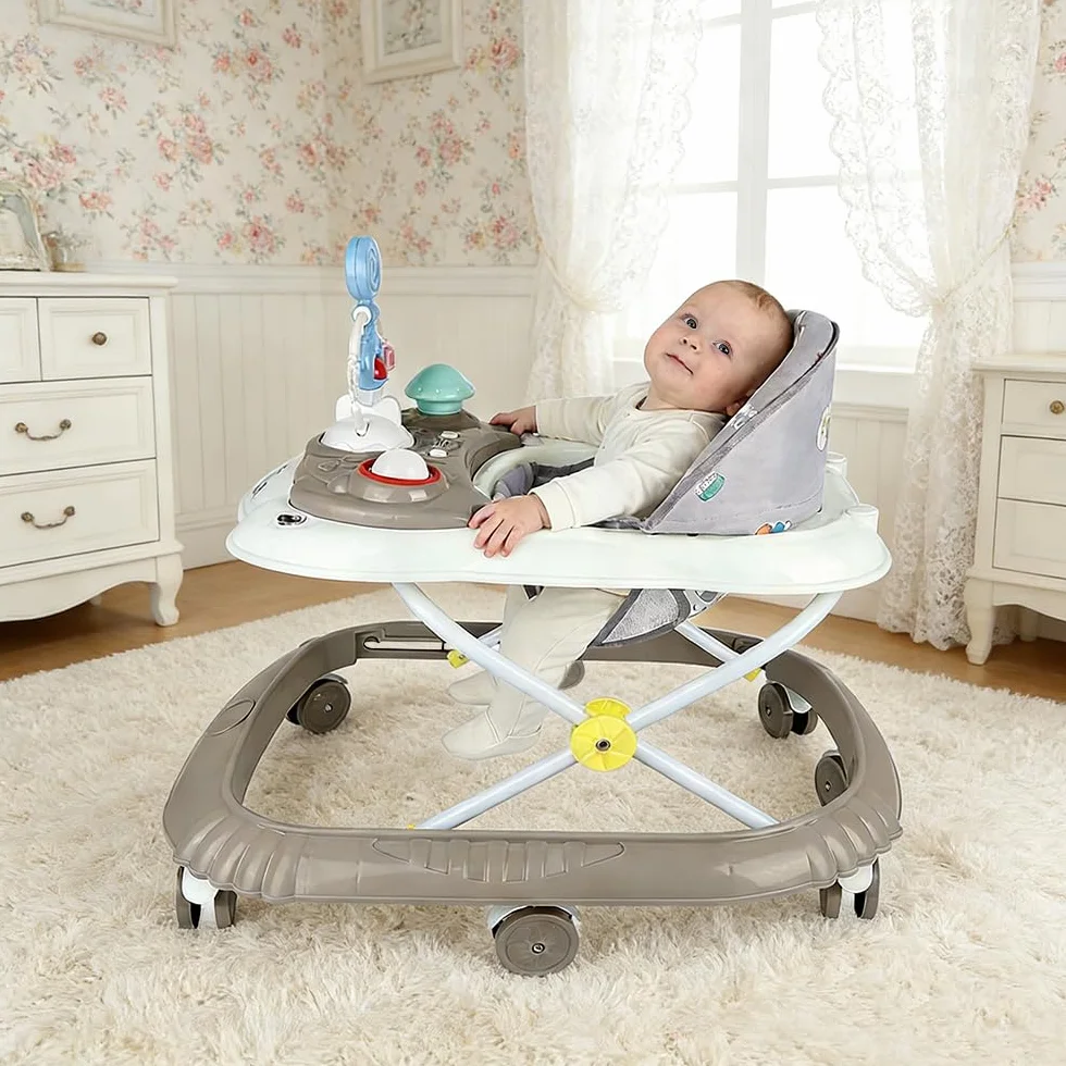 Trotteur 4 en 1 Pliable pour Bébé avec Plateau de Jeux Interactif, Base Anti-basculement, Roues Silicone, 4 Positions Hauteur, 6-18 Mois