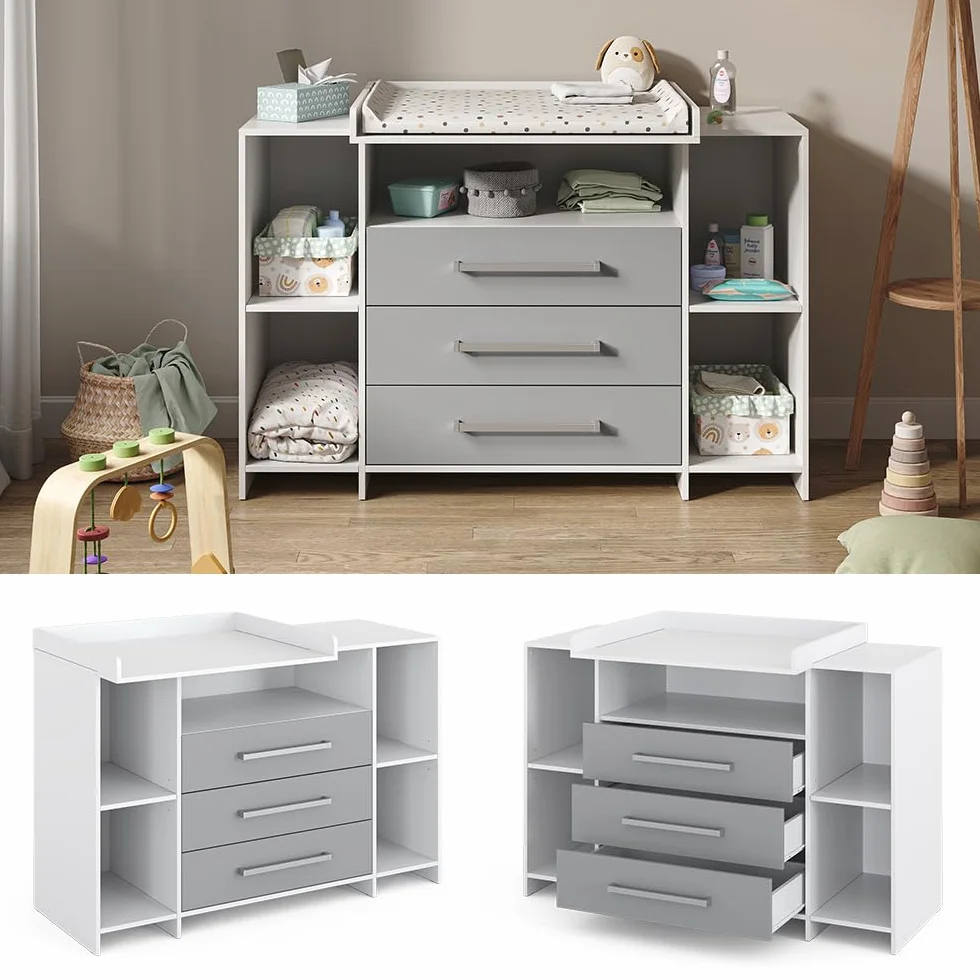 Vicco Commode à Langer Oskar 143x100cm XL Blanc/Gris avec Tiroirs Table à Langer Rangement Extensible