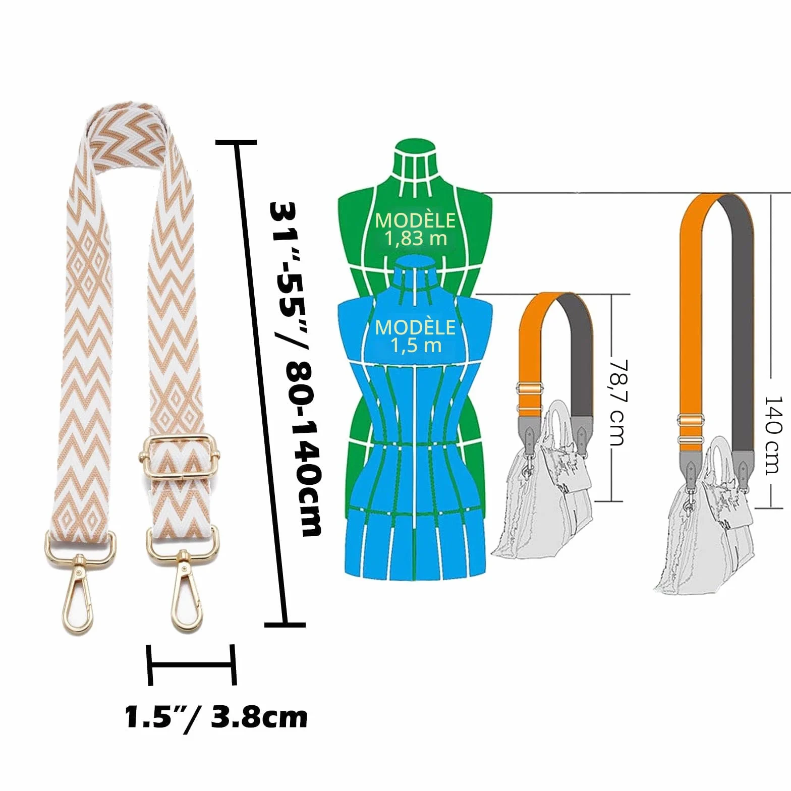 Sangle Bandoulière Réglable pour Sac à Main Femmes 3.8cm Or Remplacement Purse Straps