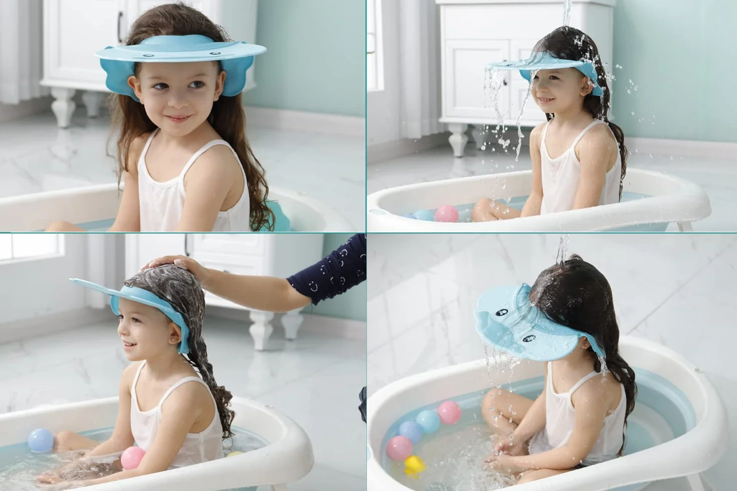 Bleu Bonnet de Douche Bébé Réglable Visière Bonnets de Bain Shampoing Chapeau Protège Yeux Oreilles Enfants