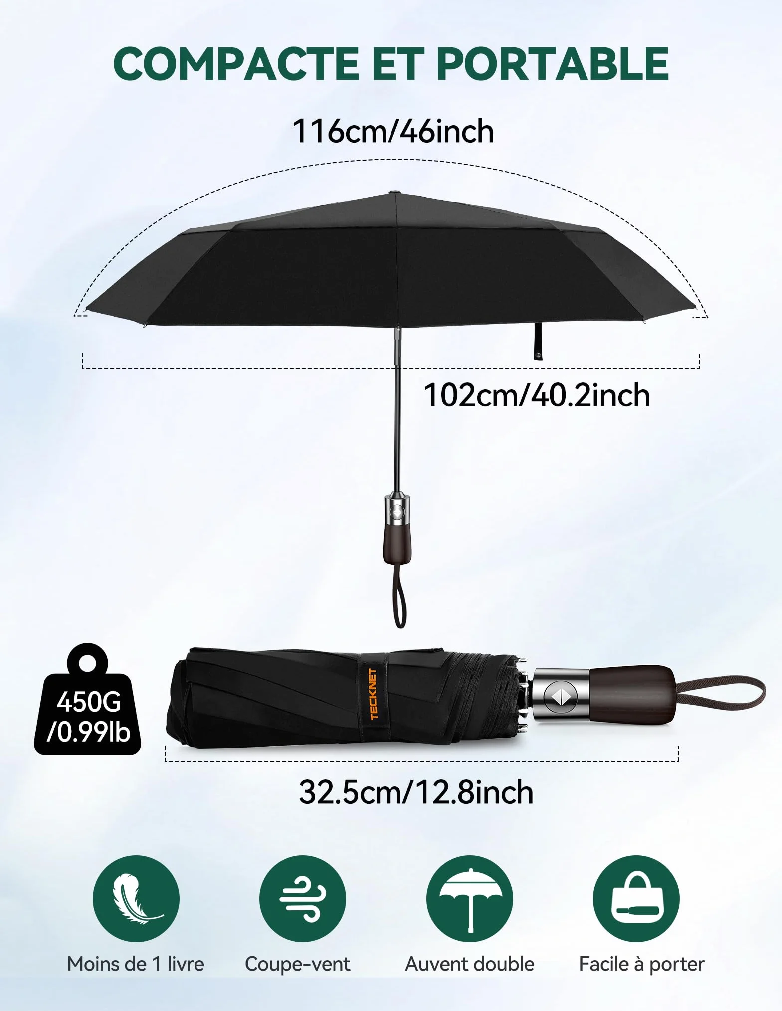 TECKNET Parapluie Pliant Automatique Compact Homme Voyage Revêtement Téflon 210T Anti-Tempête Double Toit Coupe-Vent Poignée Bois Véritable