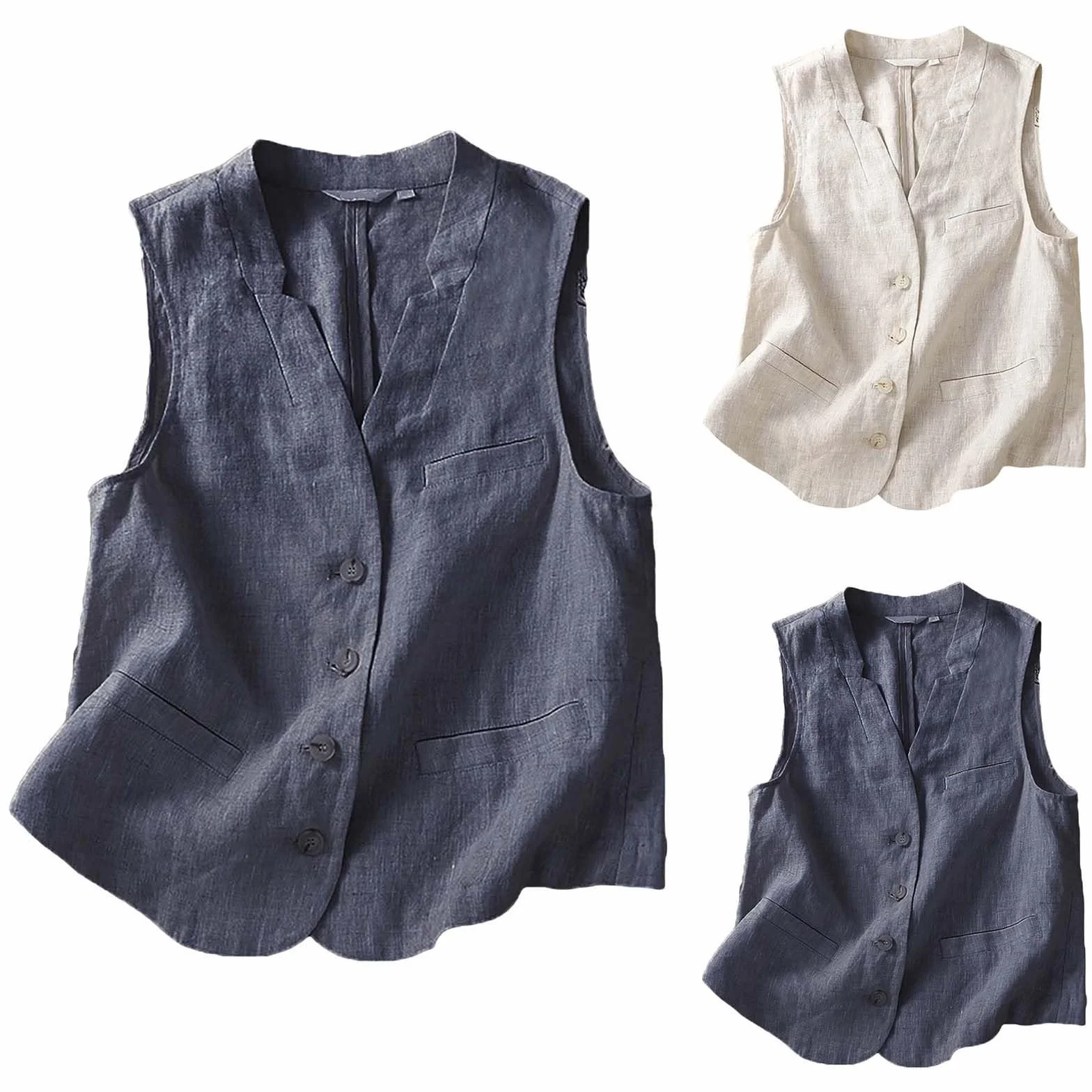 Gilet en lin pour femme Grandes tailles Col en V Sans manches