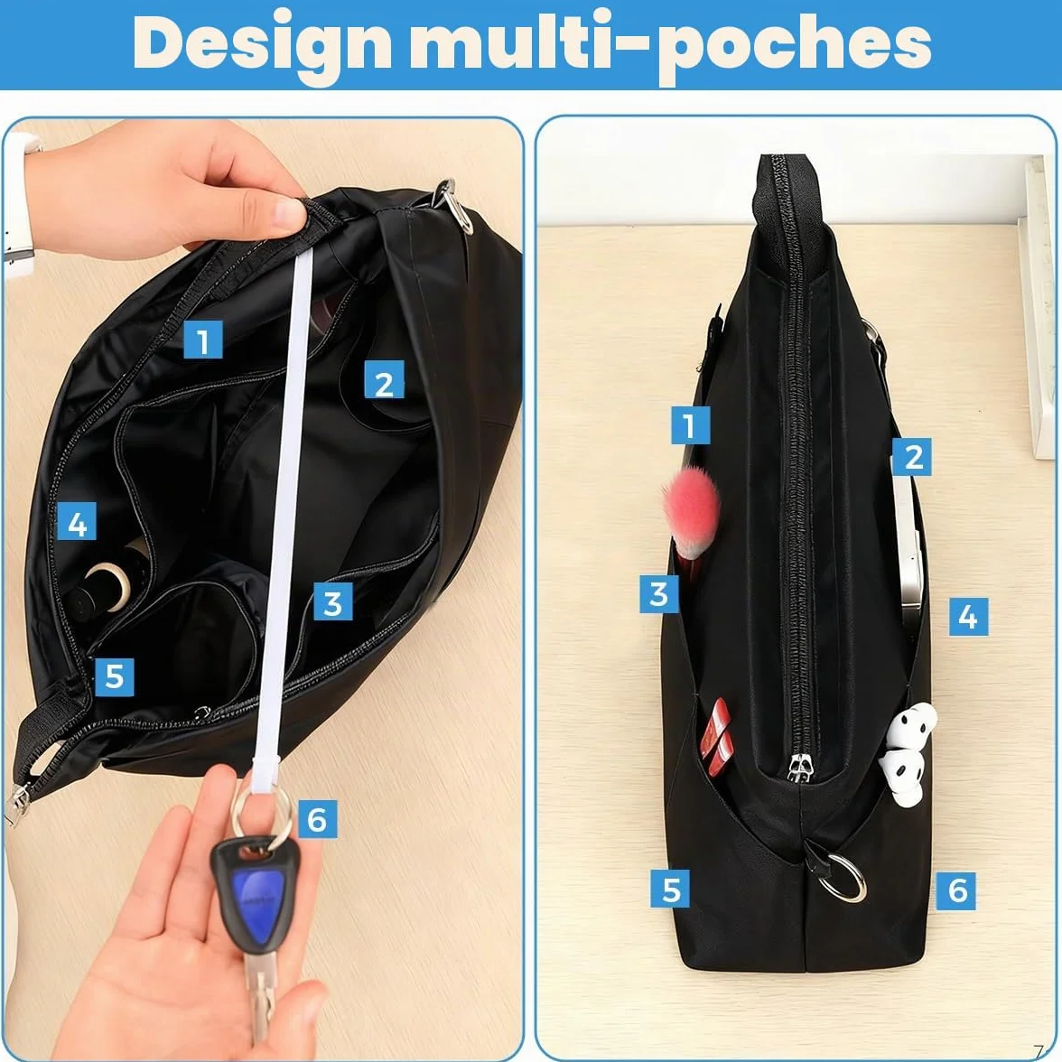 Organisateur de Sac à Main en Nylon 13 Compartiments Imperméable Fermeture à Glissière Noire M