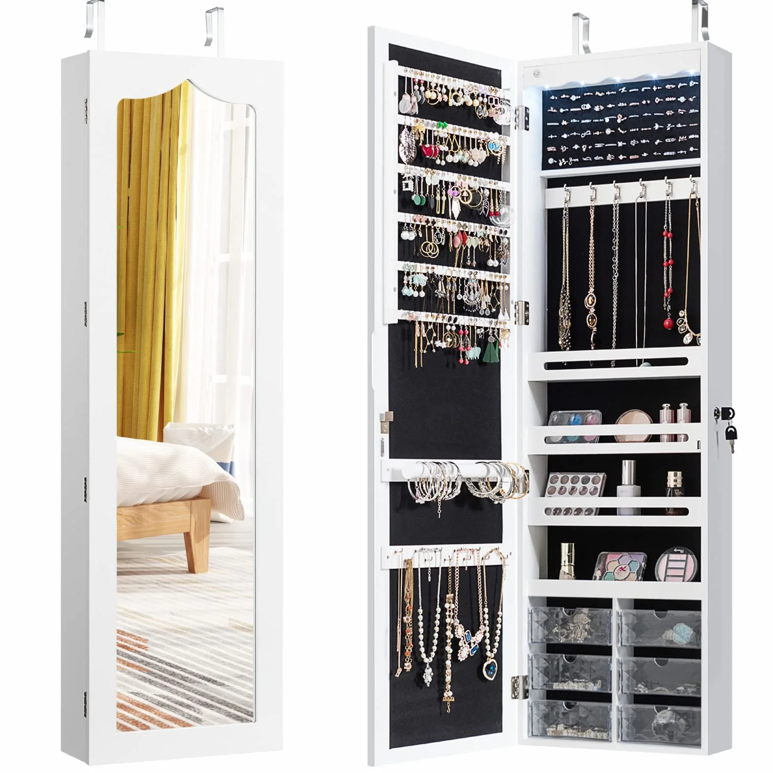 COSTWAY Armoire à Bijoux Murale LED 5 Lumières avec Miroir 6 Tiroirs 36,5 x 11,5 x 120 cm Blanc