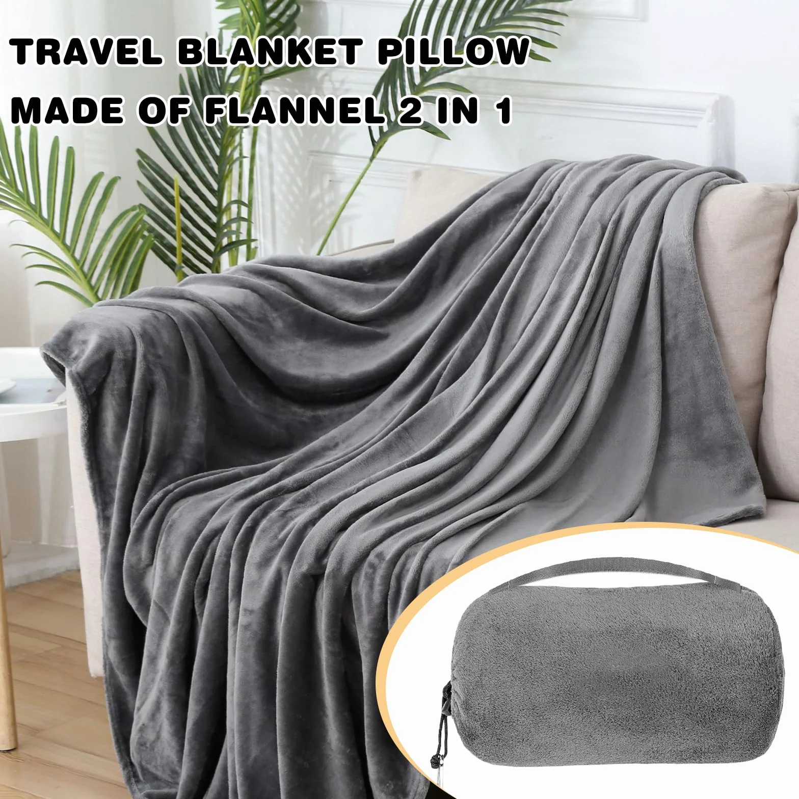 Couverture De Voyage 2En1 Ultra Légère Compacte avec Oreiller pour Hommes Femmes (Gris)