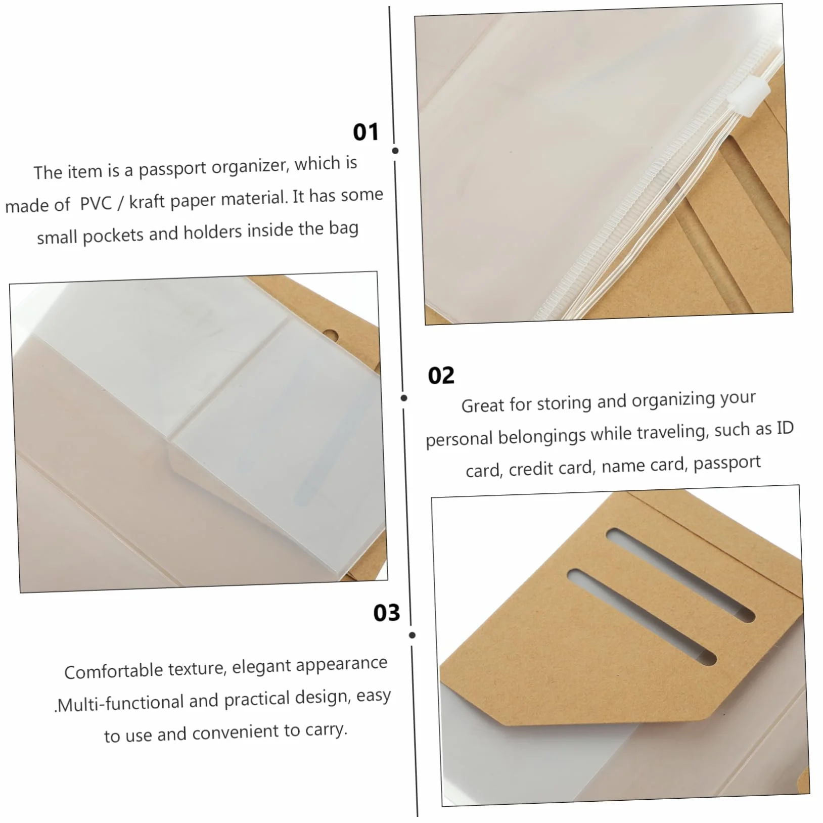 Pochette de Voyage Kraft et PVC Organisateur de Passeport 4 Pièces pour Documents Billets Cartes