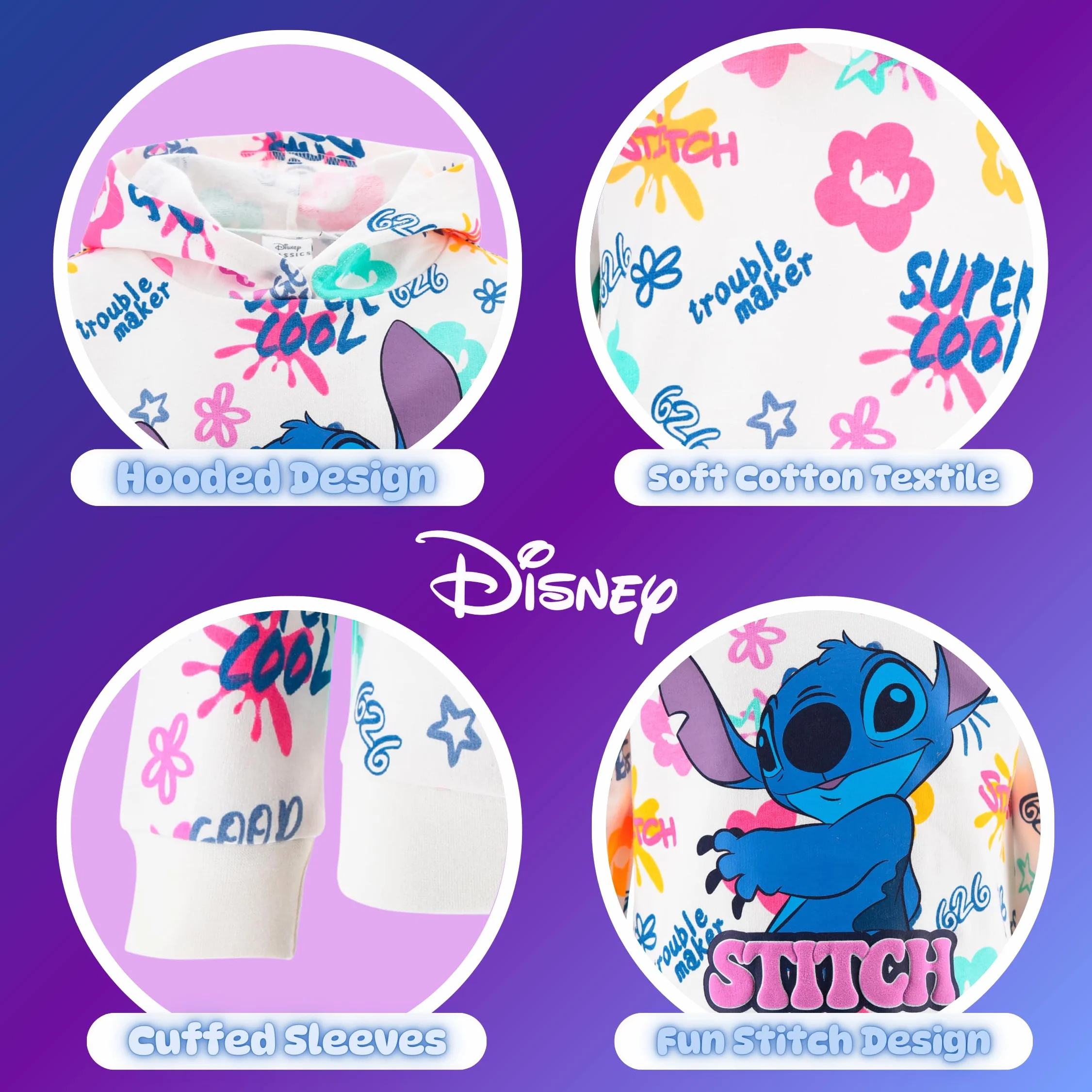 Disney Stitch Sweat à Capuche Fille Motif Pull Tailles 3-8 Ans