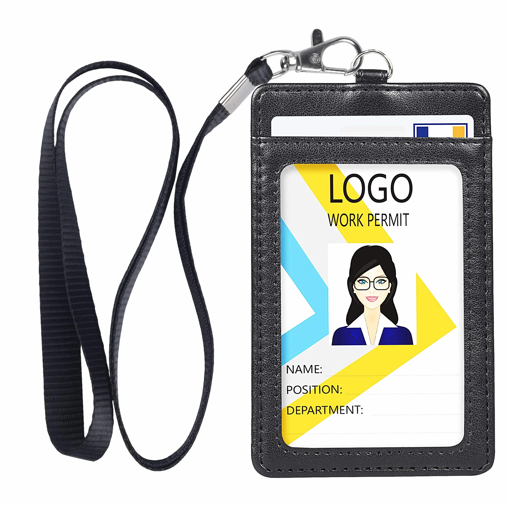 Teskyer Porte Badge Tour de Cou Cuir PU 2 Emplacements Cartes Noir