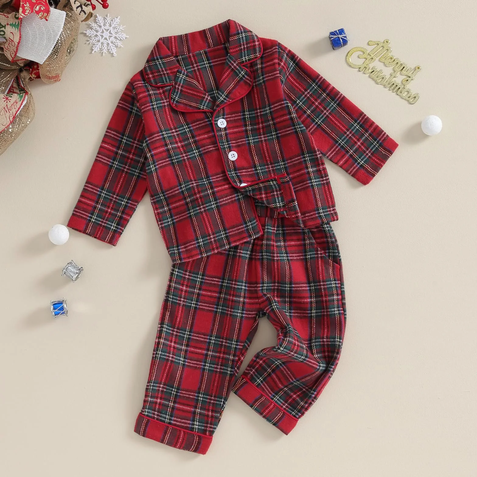 Carolilly Ensemble Pyjama Enfant Bébé Carreaux Rouge 2 Pièces Haut Manches Longues Boutonné Devant Col Revers Pantalon 6 Mois 4 Ans