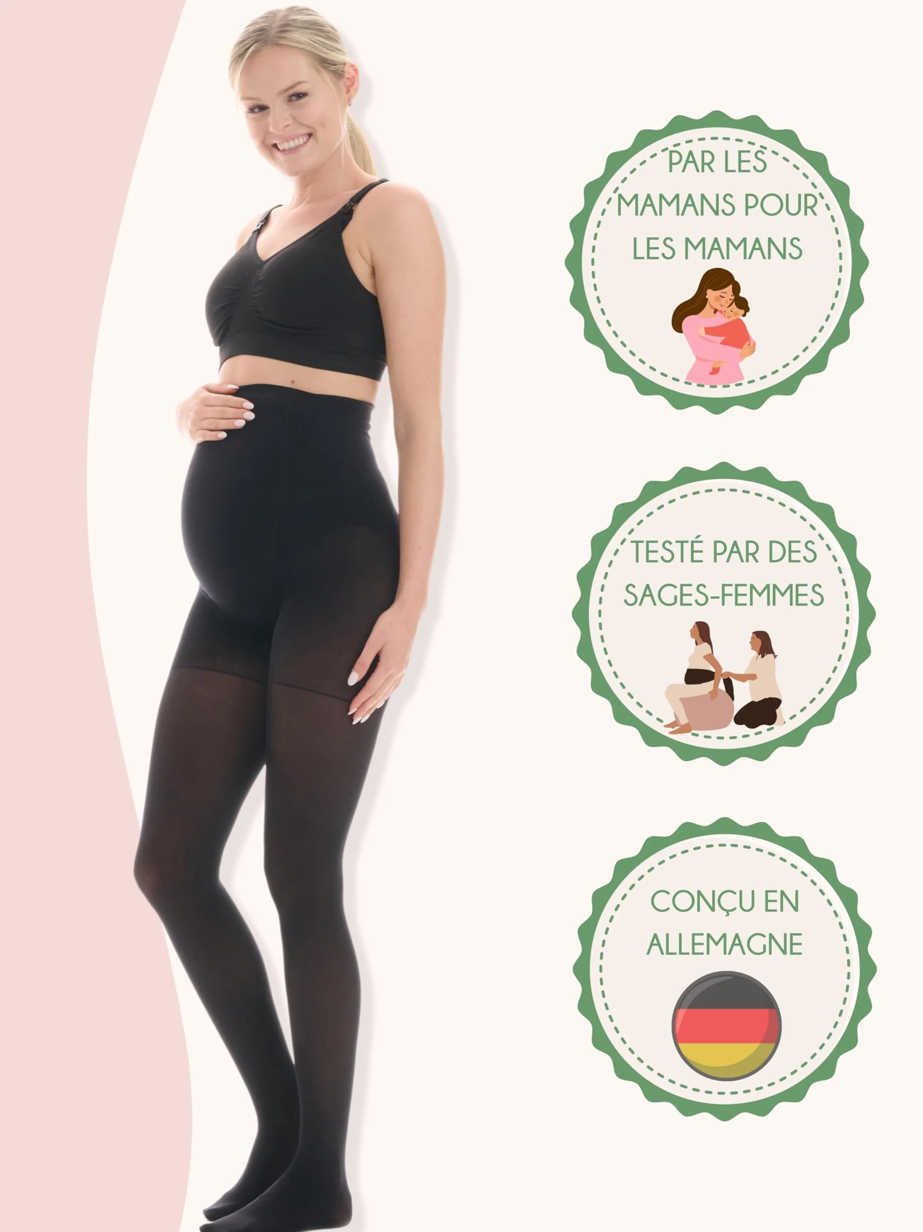 Herzmutter Collant de Maternité 50DEN - Collants de Grossesse semi-opaques - Mat-Beige-Noir - Certifié Oeko-Tex 100 - Lot de 1 & 2-1800