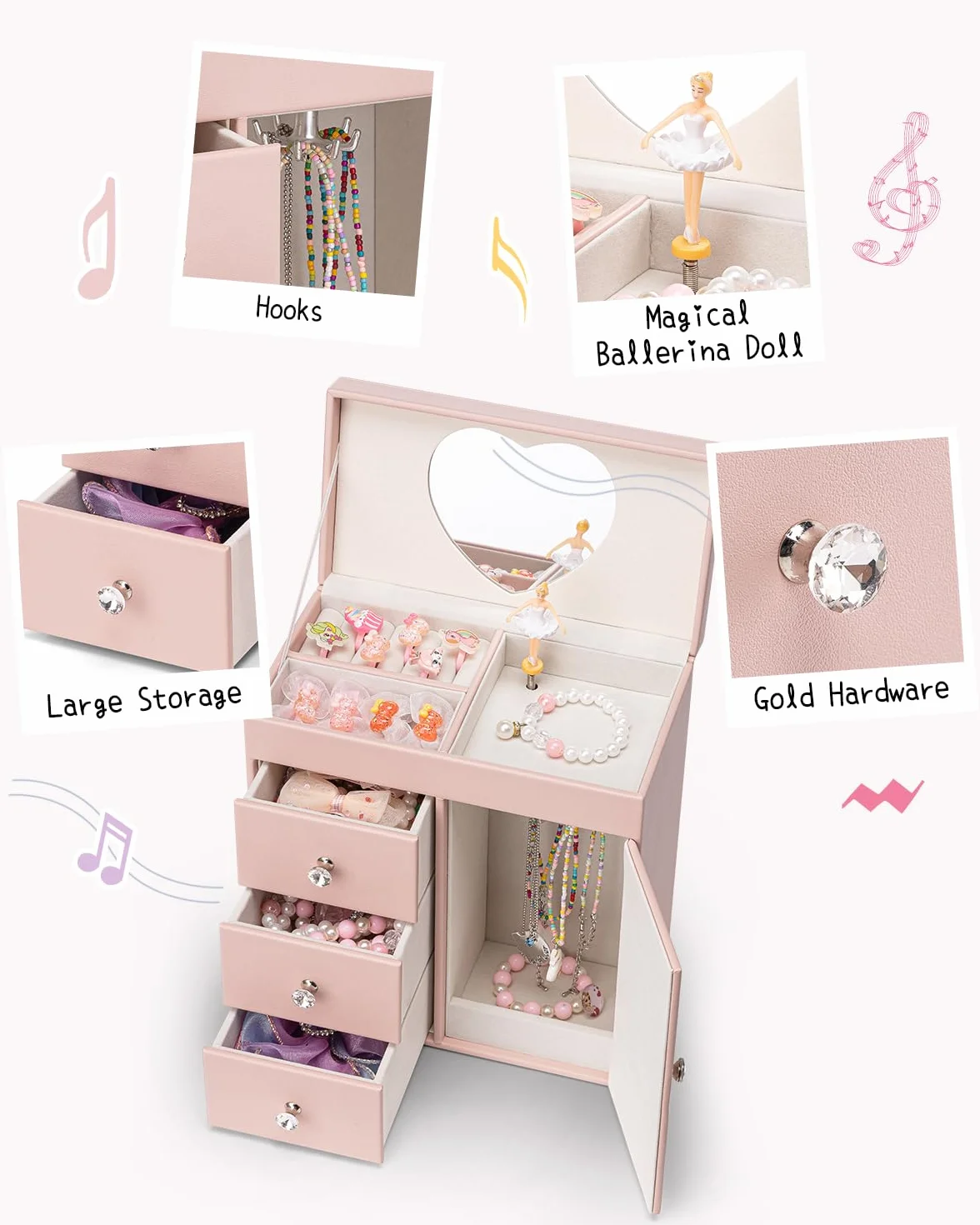 VLANDO Boîte à bijoux musicale pour filles, grande boîte à musique avec ballerine, 4 étages
