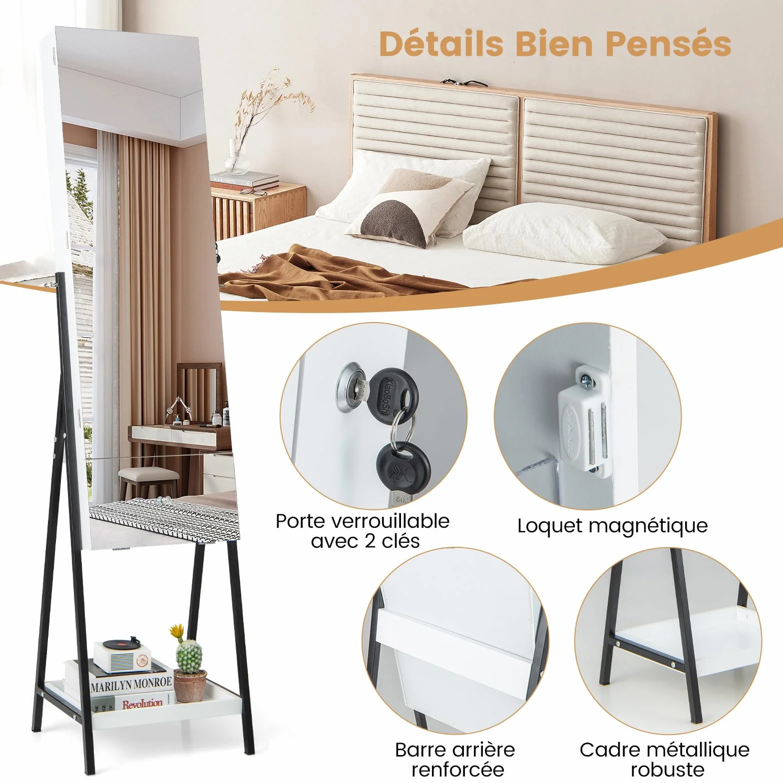 COSTWAY Armoire à Bijoux avec Miroir et Tiroir sur Pieds, Miroir Psyché HD sans Cadre, Verrouillable, Lumières LED 3 Couleurs, Blanc