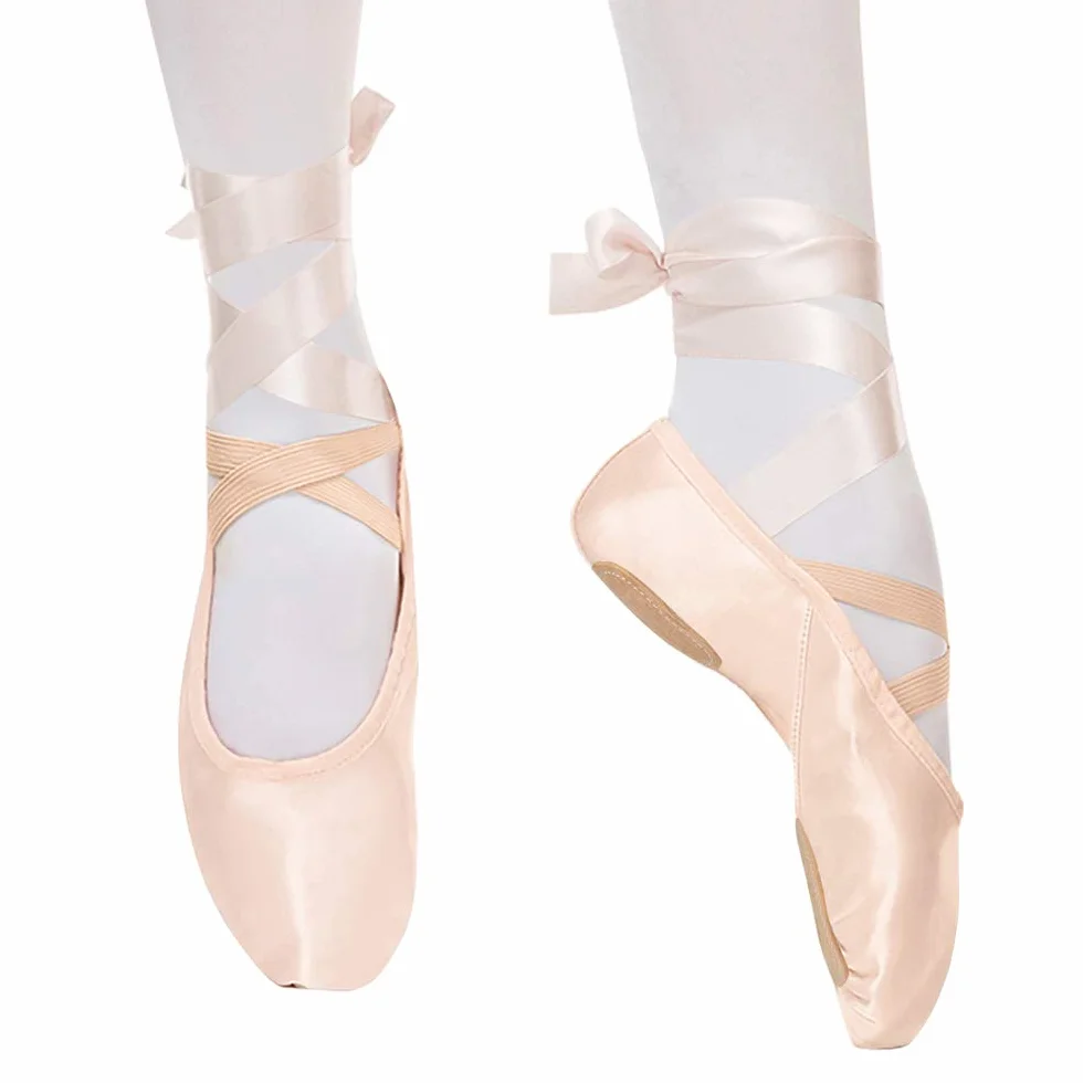 Chaussures de Danse Satin Demi Pointe Ballerine avec Ruban Rose pour Enfants et Adultes