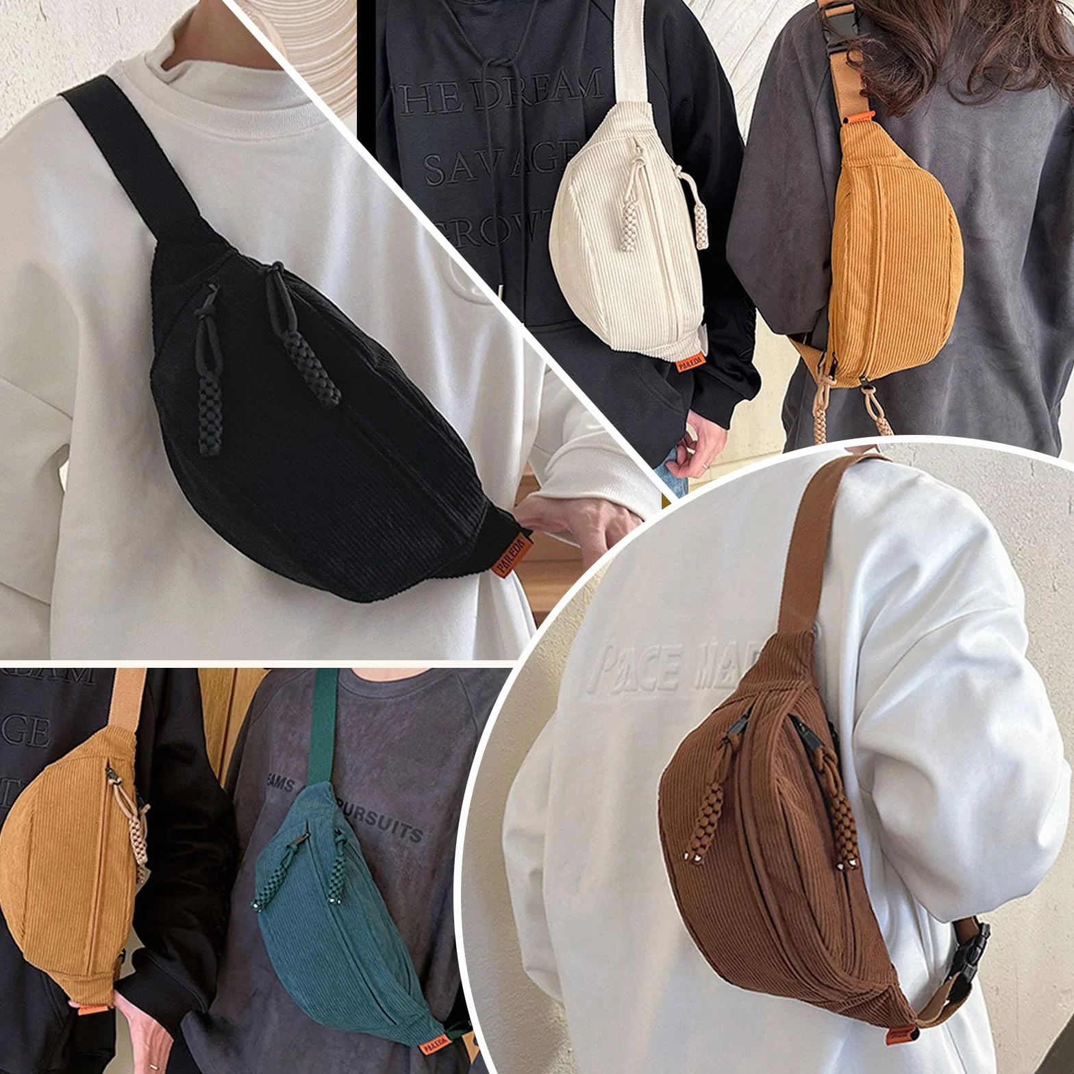 Sac Banane Velours Côtelé Sangle Réglable Polyvalent pour Femme Homme Shopping Voyage Travail Noir