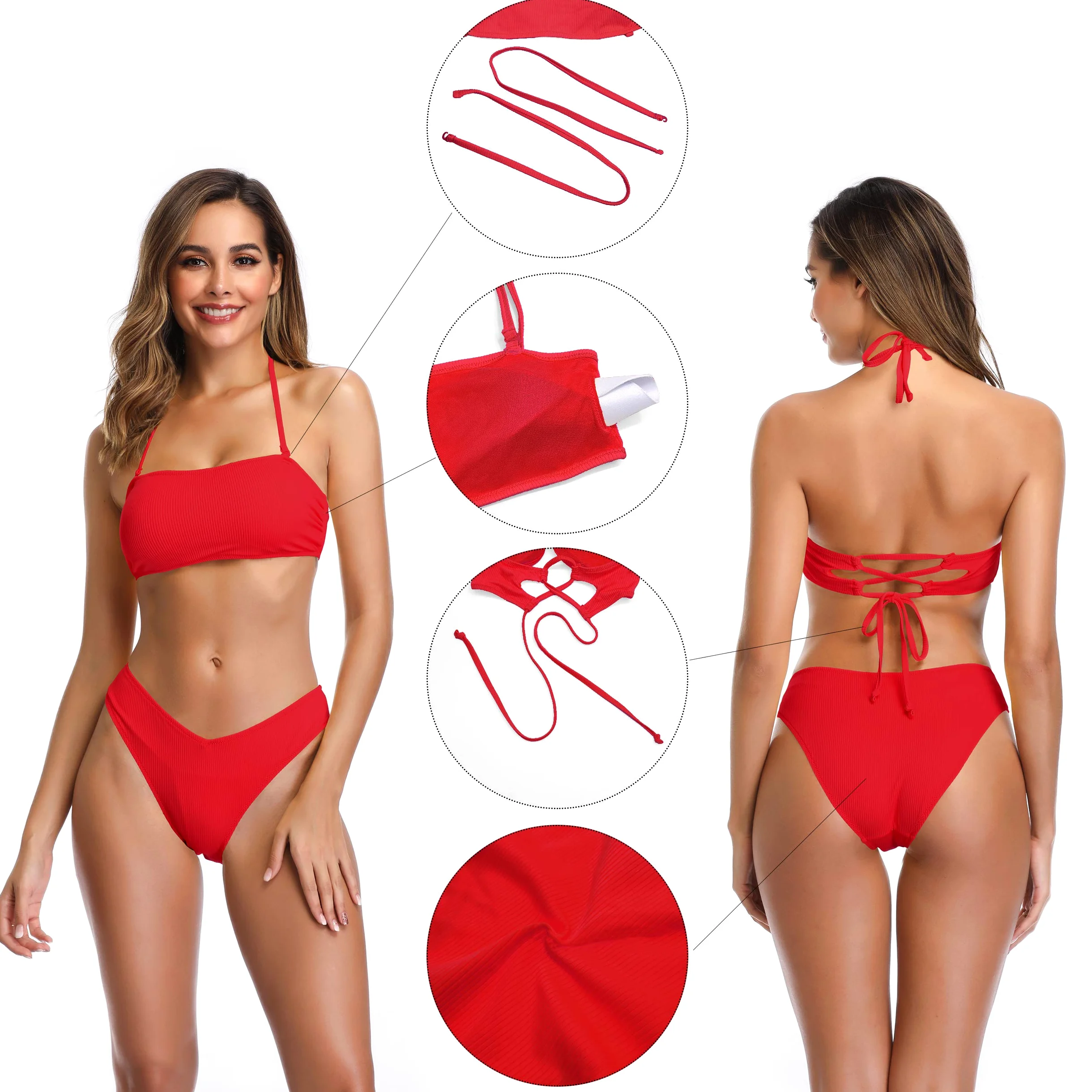 SHEKINI Bandeau Maillots de Bain Femme Deux Pièces Halter Réglable Amovibles Sangle d'épaule Taille Basse Imprimé Florale Bas de Bikini