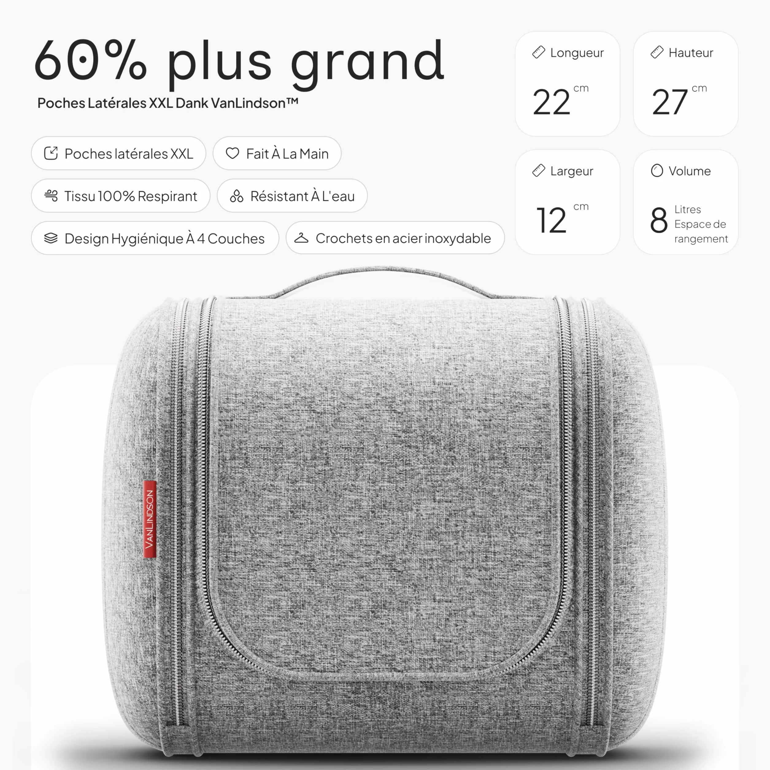 Trousse de Toilette Luxery XXL Grande Sac de Voyage Homme Femme Maquillage 8 litres Rangement Mixte Crochet Suspendre Gris