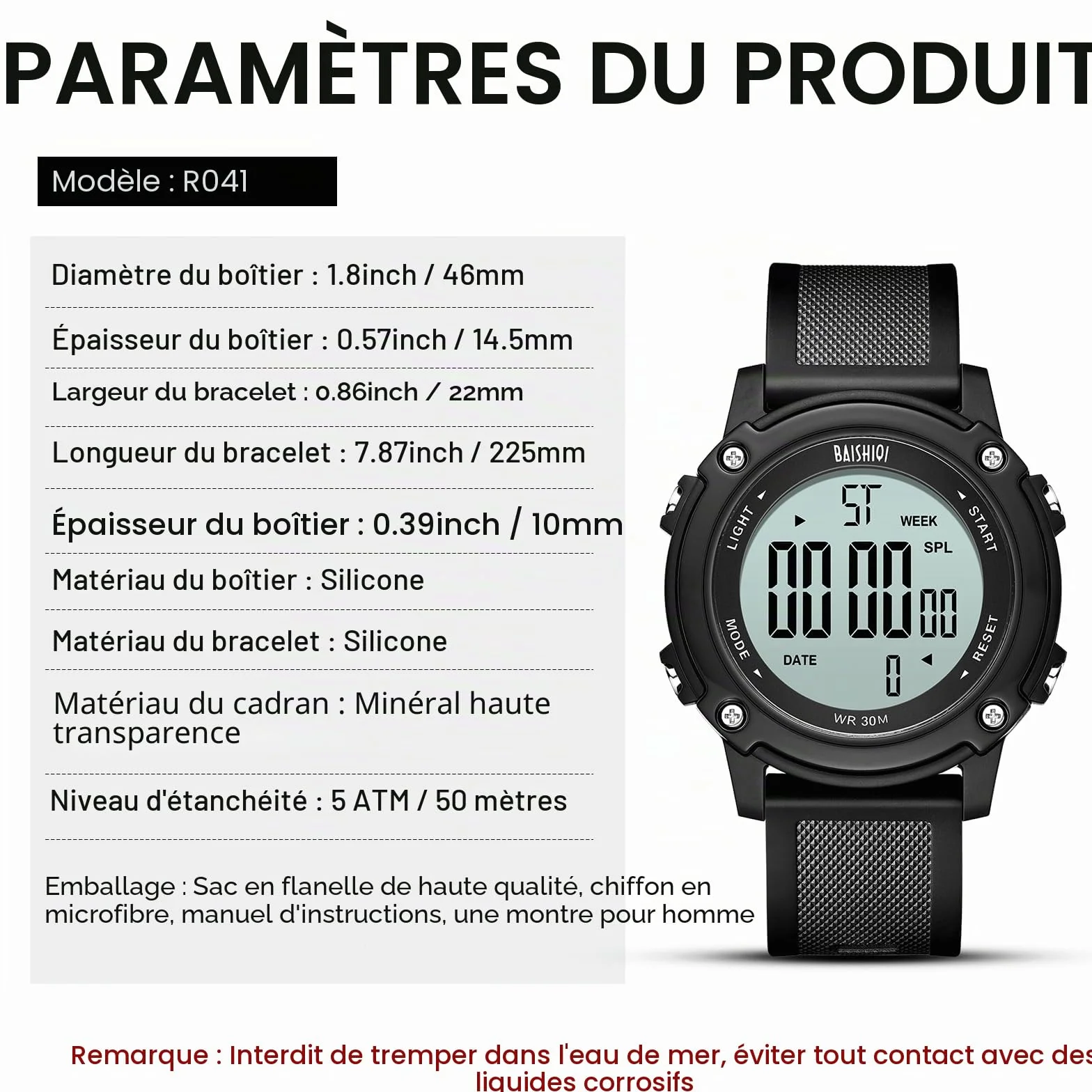 LN LENQIN Montre numérique imperméable sport homme bracelet silicone multifonction