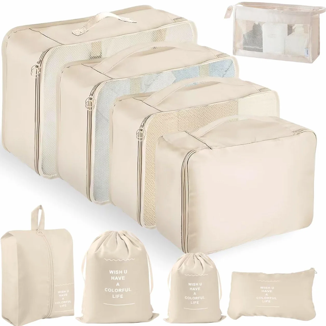 Lot de 9 Organisateur Valise Imperméables Packing Cubes Résistant à la Déchirure Pochette Voyage Beige