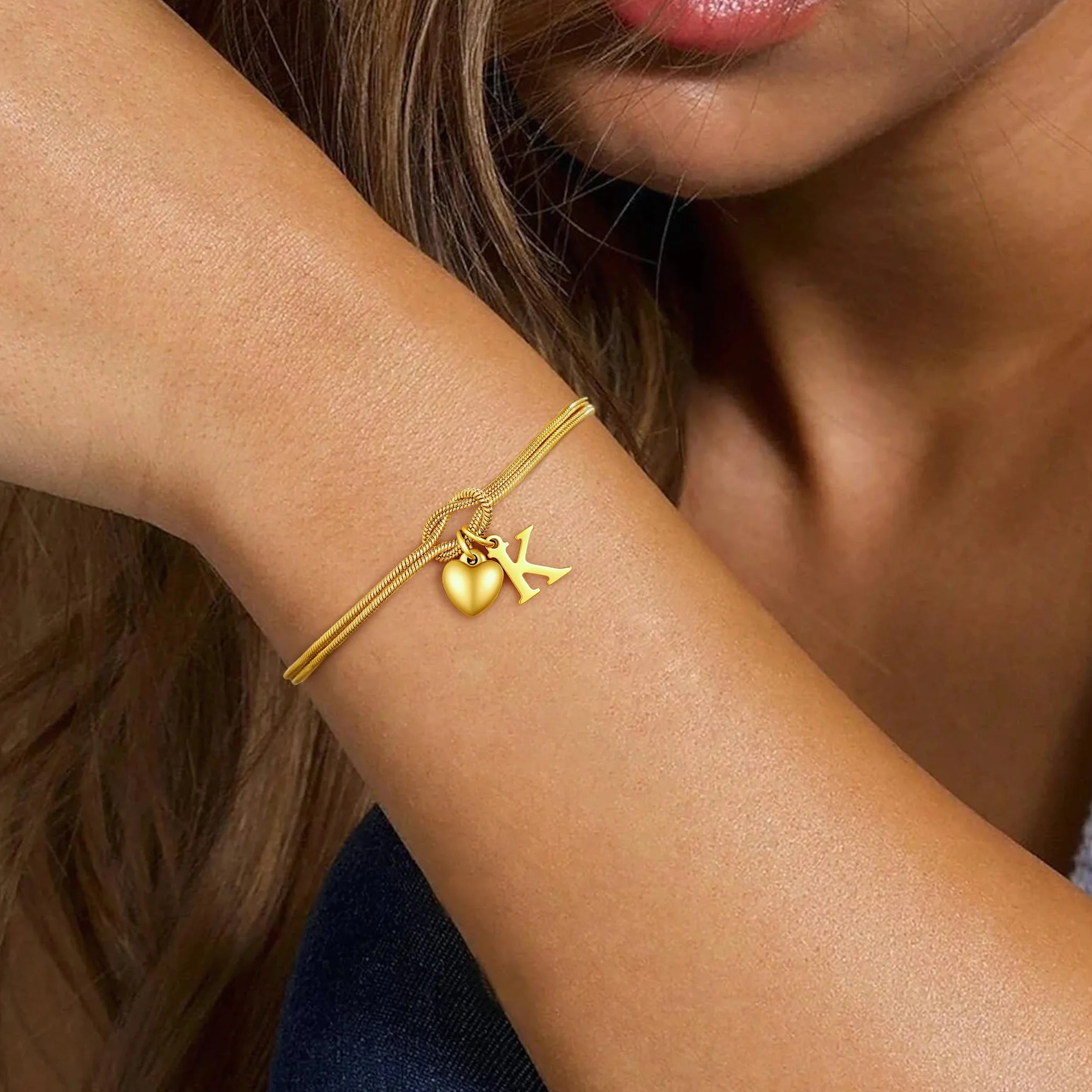 Bracelet en or pour femme et fille - Bracelet à nœuds plaqué or 18 carats lettres personnalisées cœur - Cadeau femme
