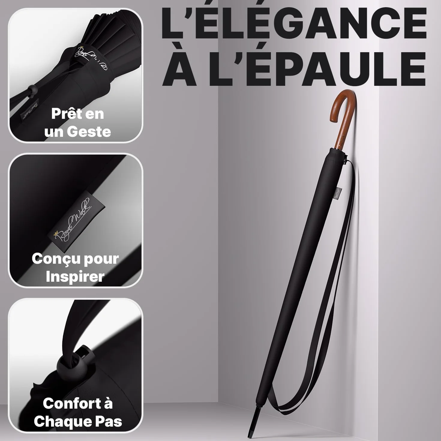 Royal Walk Parapluie Automatique XXL 120cm 16 Baleines Anti Tempête Solide Golf Poignée Bois