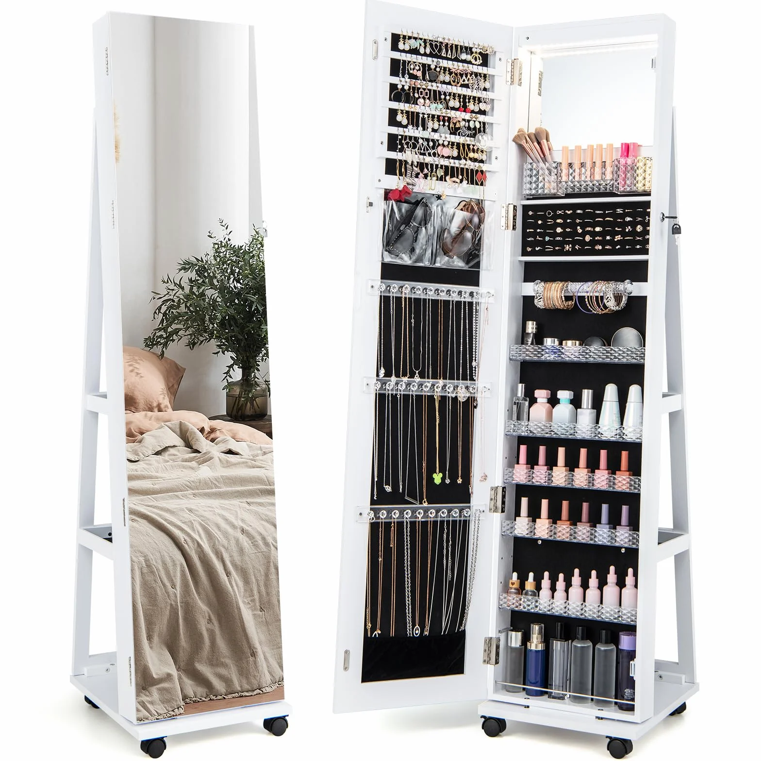 RELAX4LIF Armoire à Bijoux Roulettes 360º Miroir Pleine Longueur LED 5 Étagères Réglables Blanc