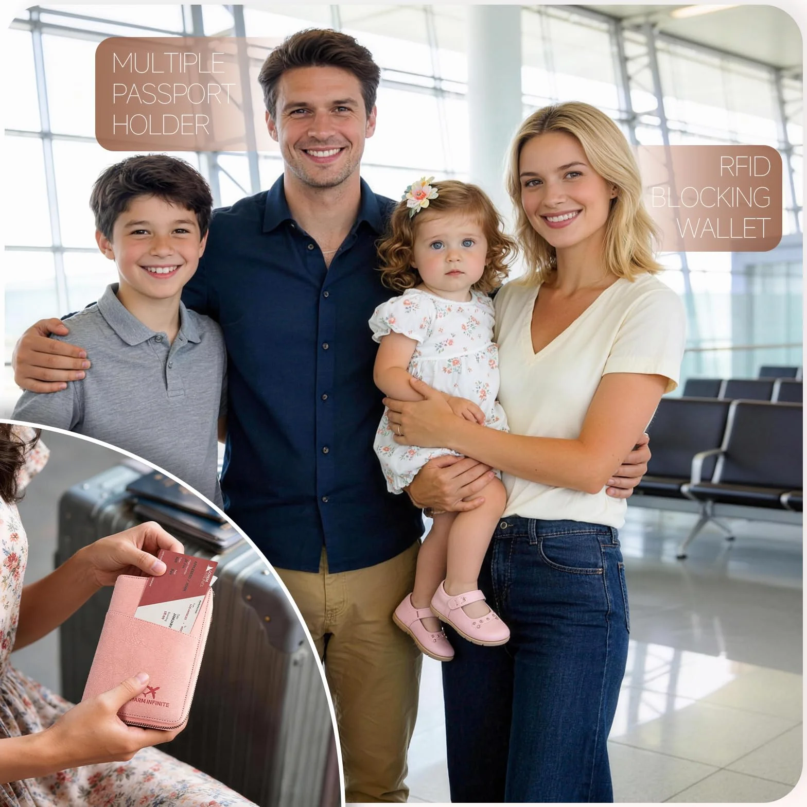 Likesing Porte-passeport familial cuir RFID fermeture éclair organiseur voyage dragonne Noir