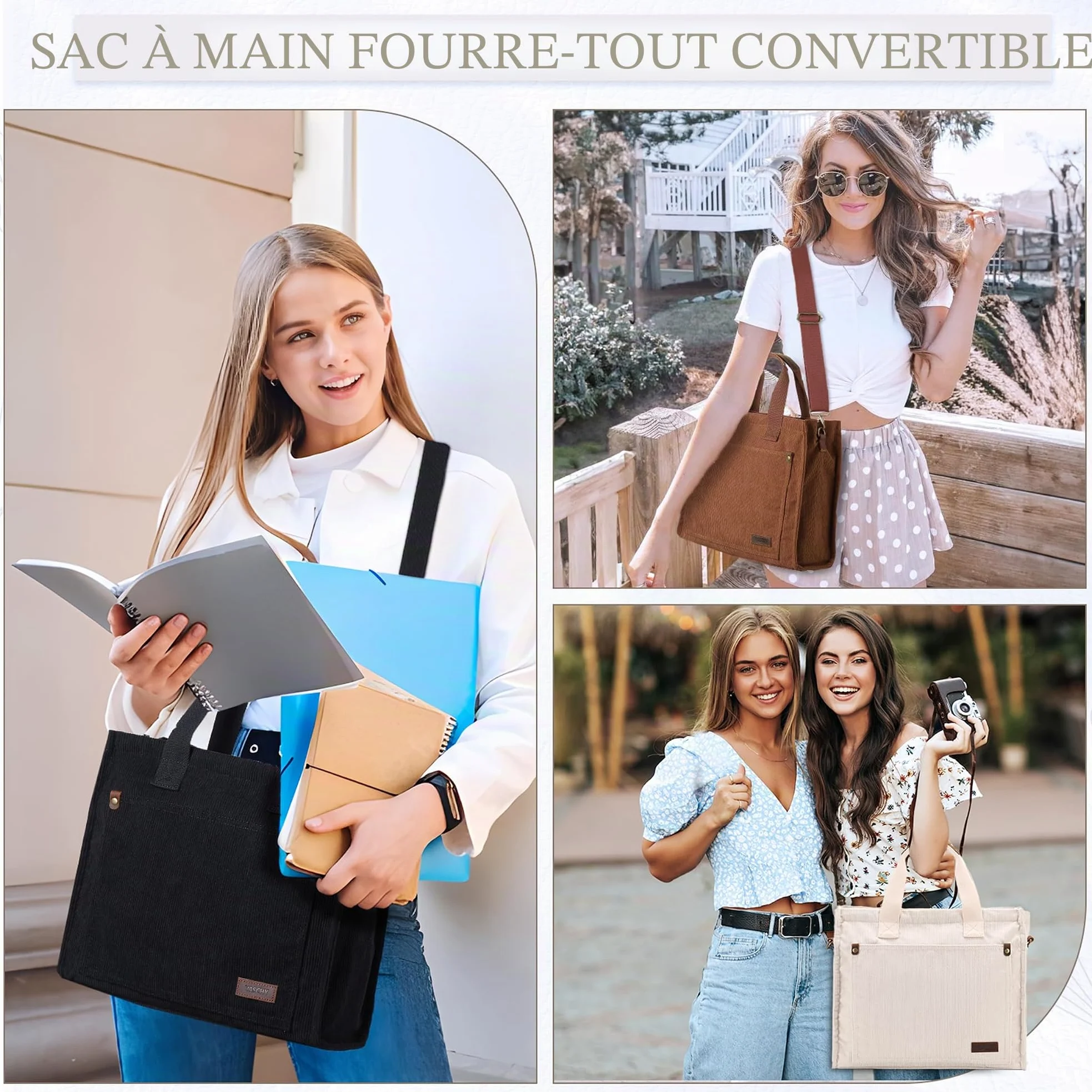 VASCHY Cabas Femme en Velours Côtelé, Tote Bag Zippé avec Bandoulière Amovible, Sac Porté Épaule Léger pour Travail, Cours et Shopping, 37 x 11 x 32 cm