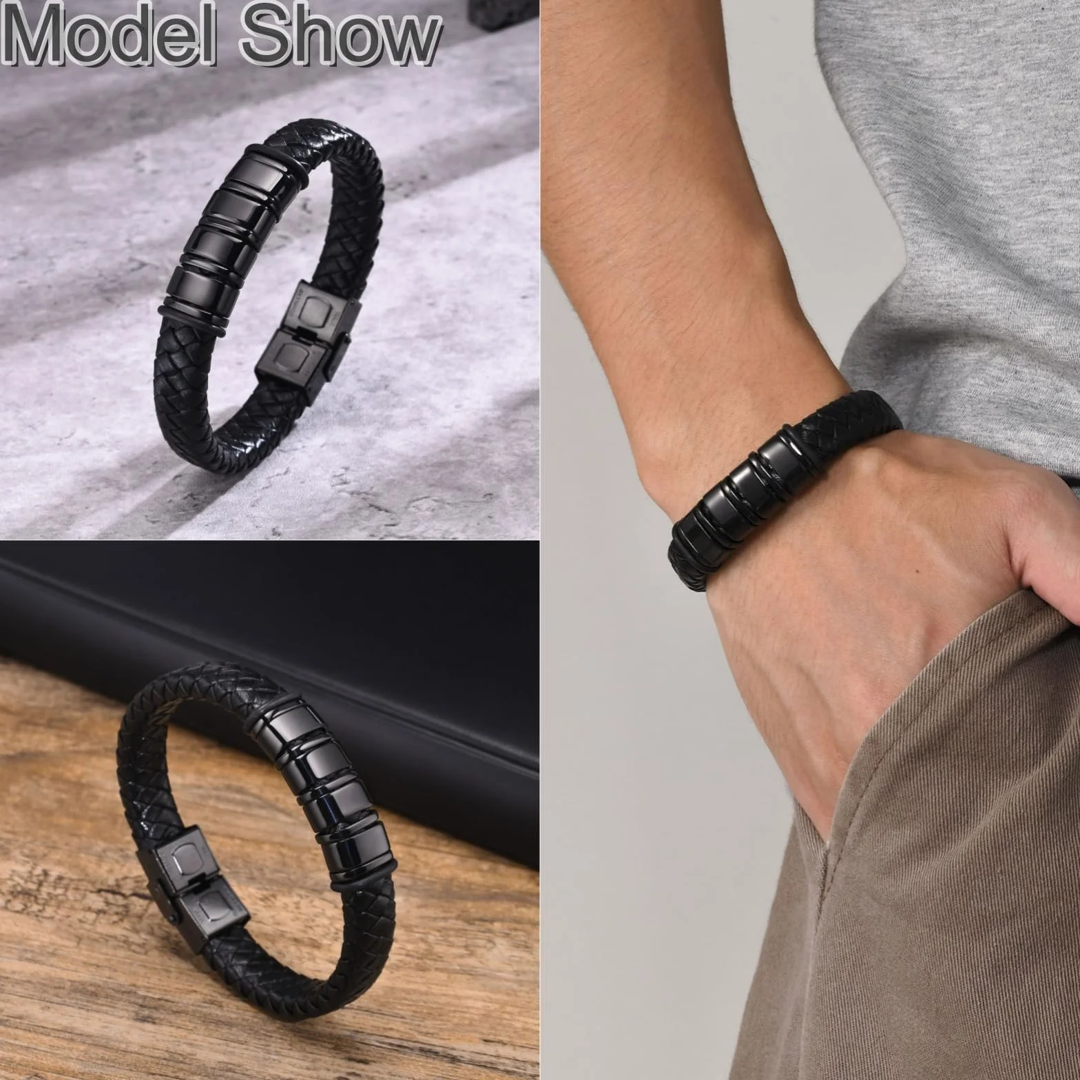 Bracelet Cuir Noir Tressé Homme Cadeau Papa Personnalisé Gravure Prénom