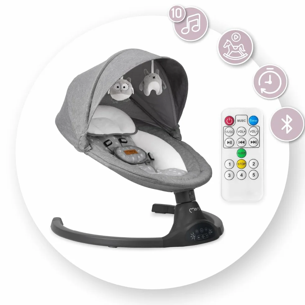 MoMi KENANI Transat balancelle pliable 9 kg télécommande Bluetooth harnais 5 points pare-soleil moustiquaire