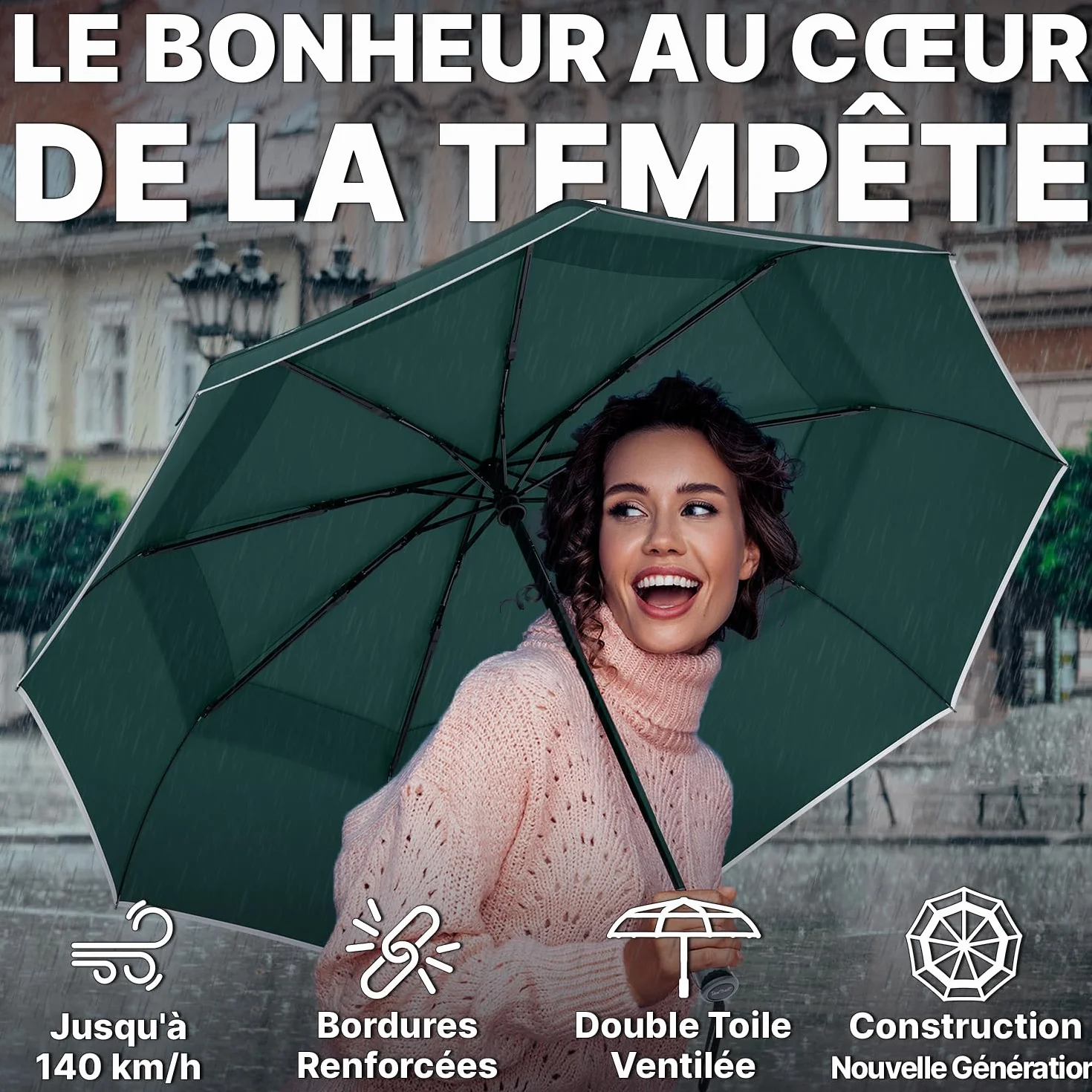 Royal Walk Parapluie de poche résistant aux tempêtes, automatique, double capote, poignée en bois véritable