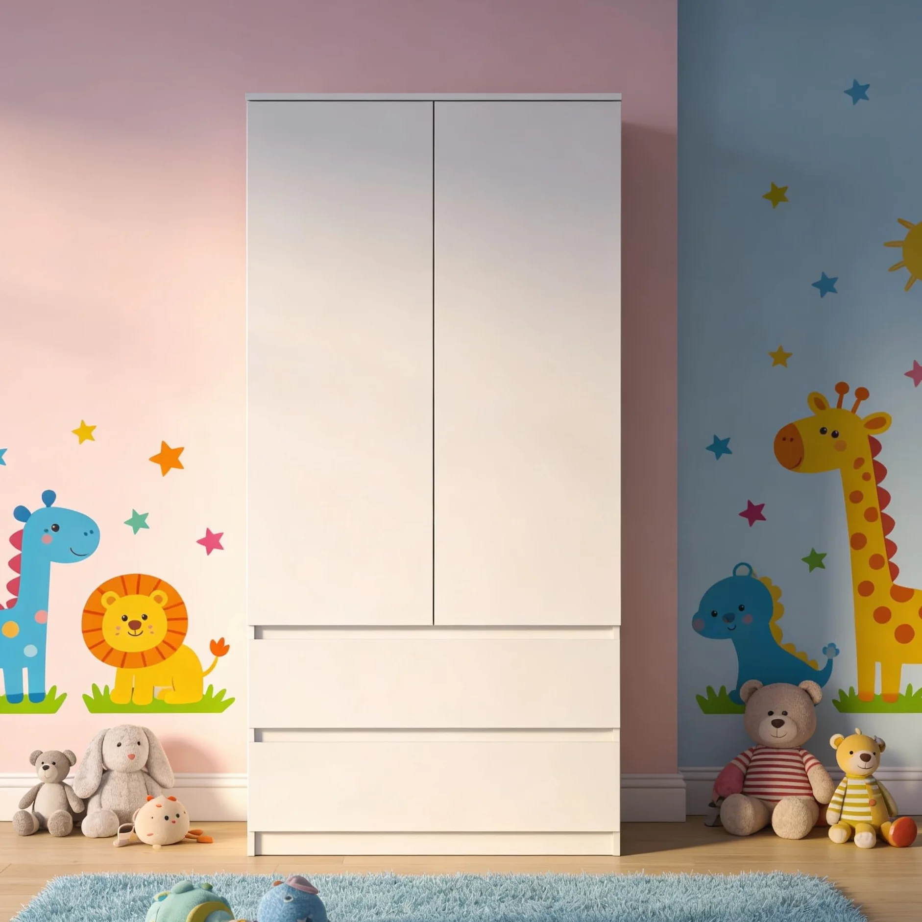 Meble Masztalerz Armoire Chambre Enfant 2 Tiroirs 90 cm Penderie Vetement Dressing Rangement Blanc 180x90x50 cm