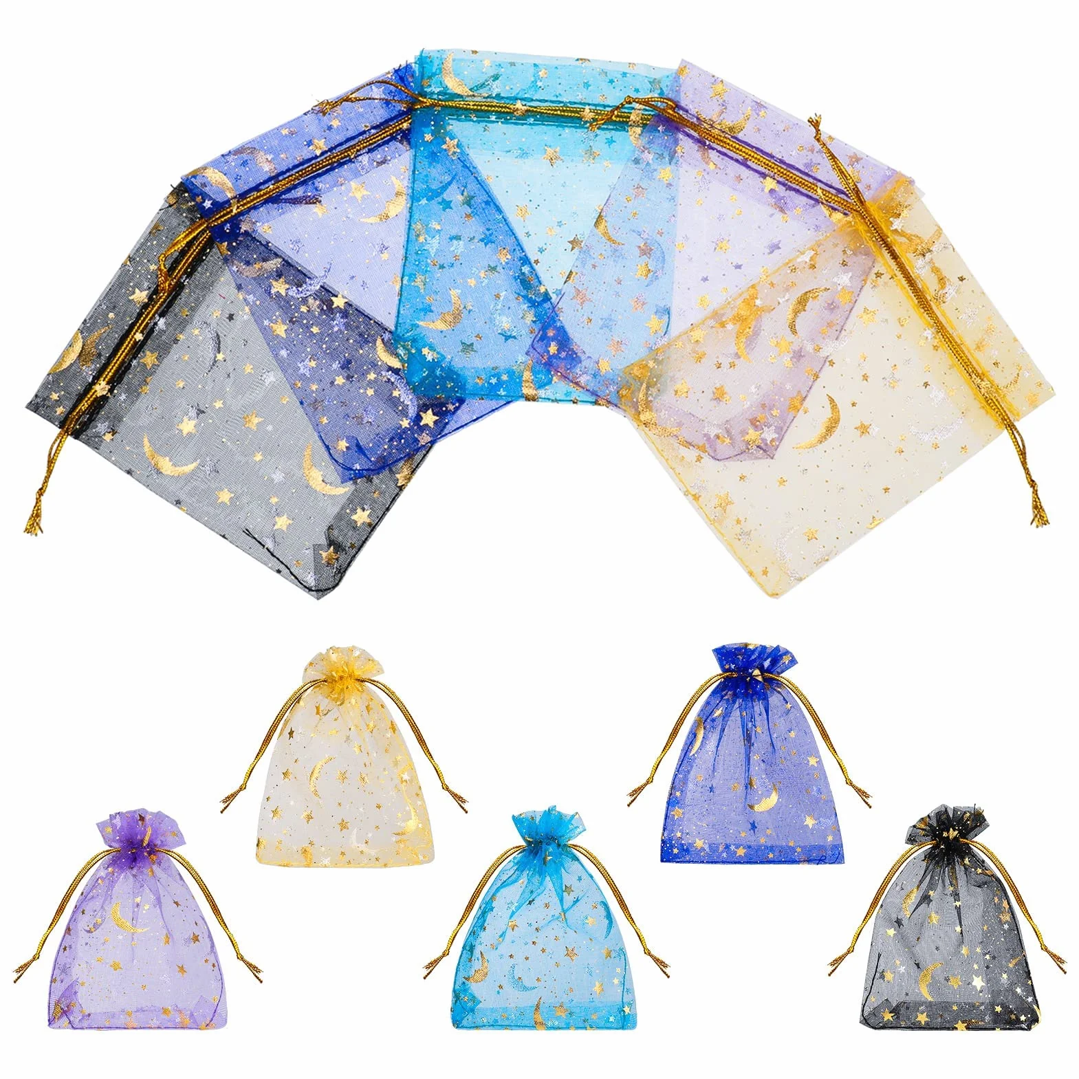 Sacs En Organza 100 pièces 9x12cm Mélanger Couleur avec Motif étoile et lune Ruban Or pour Cadeaux Bijoux Mariage