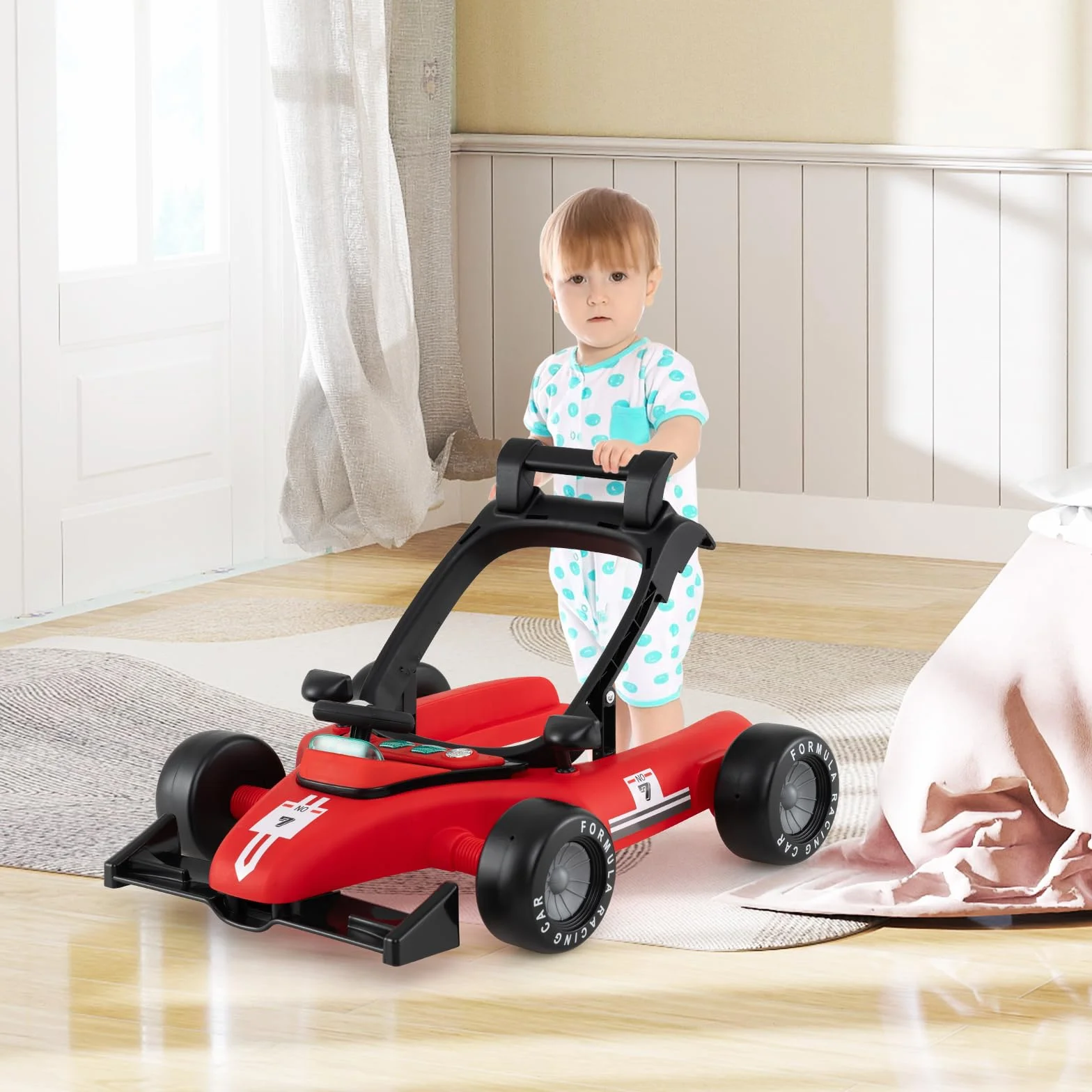 GOPLUS Trotteur Bébé 4 en 1 Pliable avec 3 Hauteurs Réglables, Musique, Lumières, Charge 12 KG 6-12 Mois Rouge