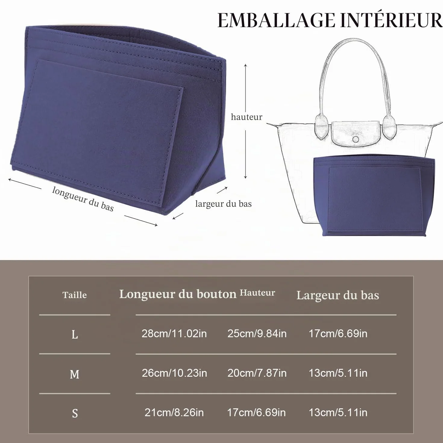 Organisateur de Sac en Feutre pour Longchamp Pliage Femme