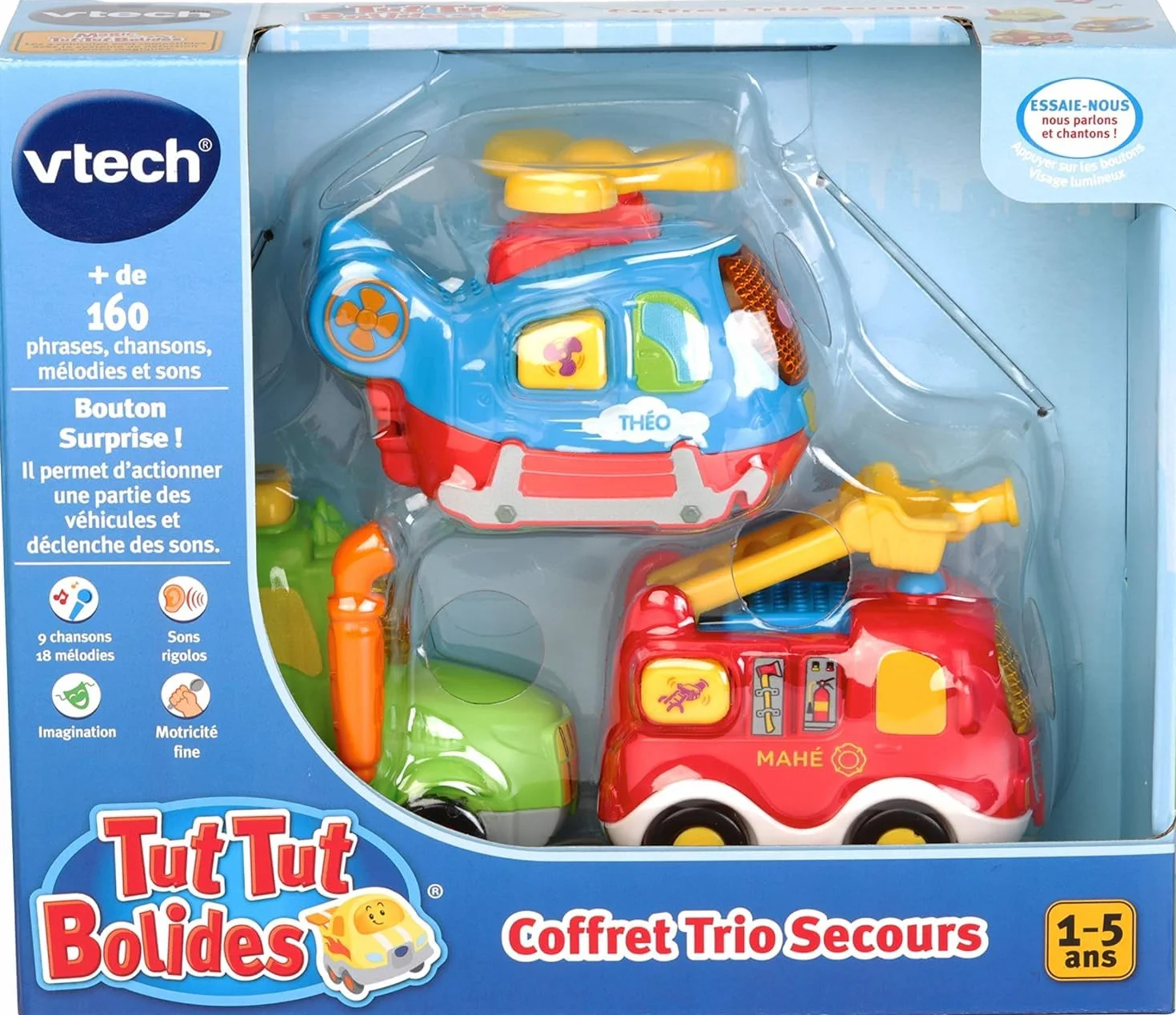 VTech Tut Tut Bolides Coffret Trio Secours 3 Voitures Interactives Camion de Pompiers Tracteur Hélicoptère Jouet Musical Enfant 1-5 Ans