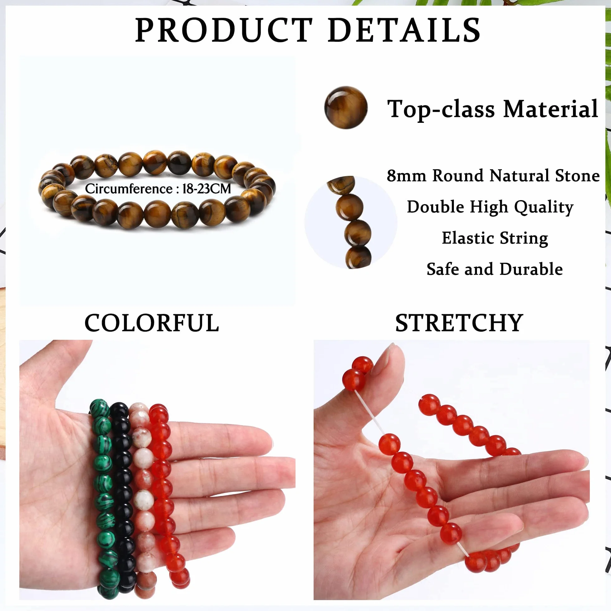 Bracelet Pierre Naturelle Oeil de Tigre 8mm Perles Réglable Extensible pour Femme Homme