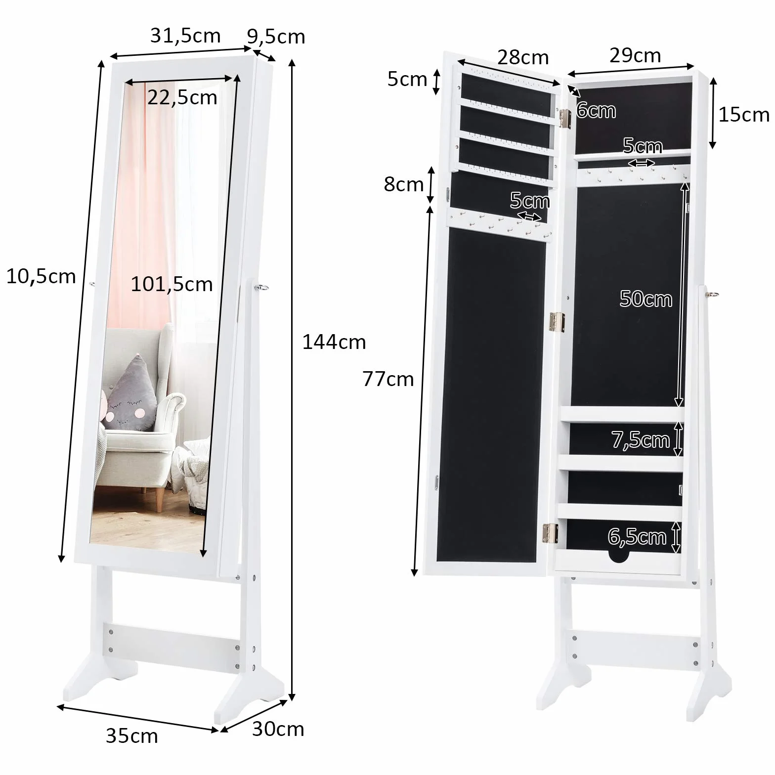 COSTWAY Armoire à bijoux sur Pied avec Miroir Psyché Coffre de Rangement Cosmétiques, 3 Positions Réglables, Blanc