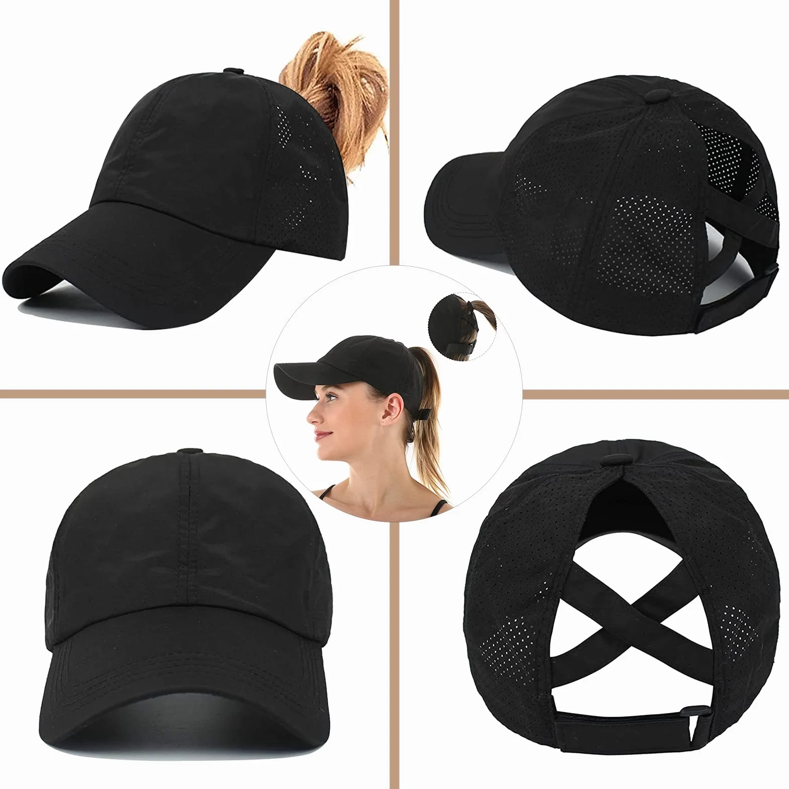 Casquette de Baseball Femme Queue de Cheval Tiakay - Maille Respirante Séchage Rapide Anti-Soleil UV Ajustable Léger Running Golf