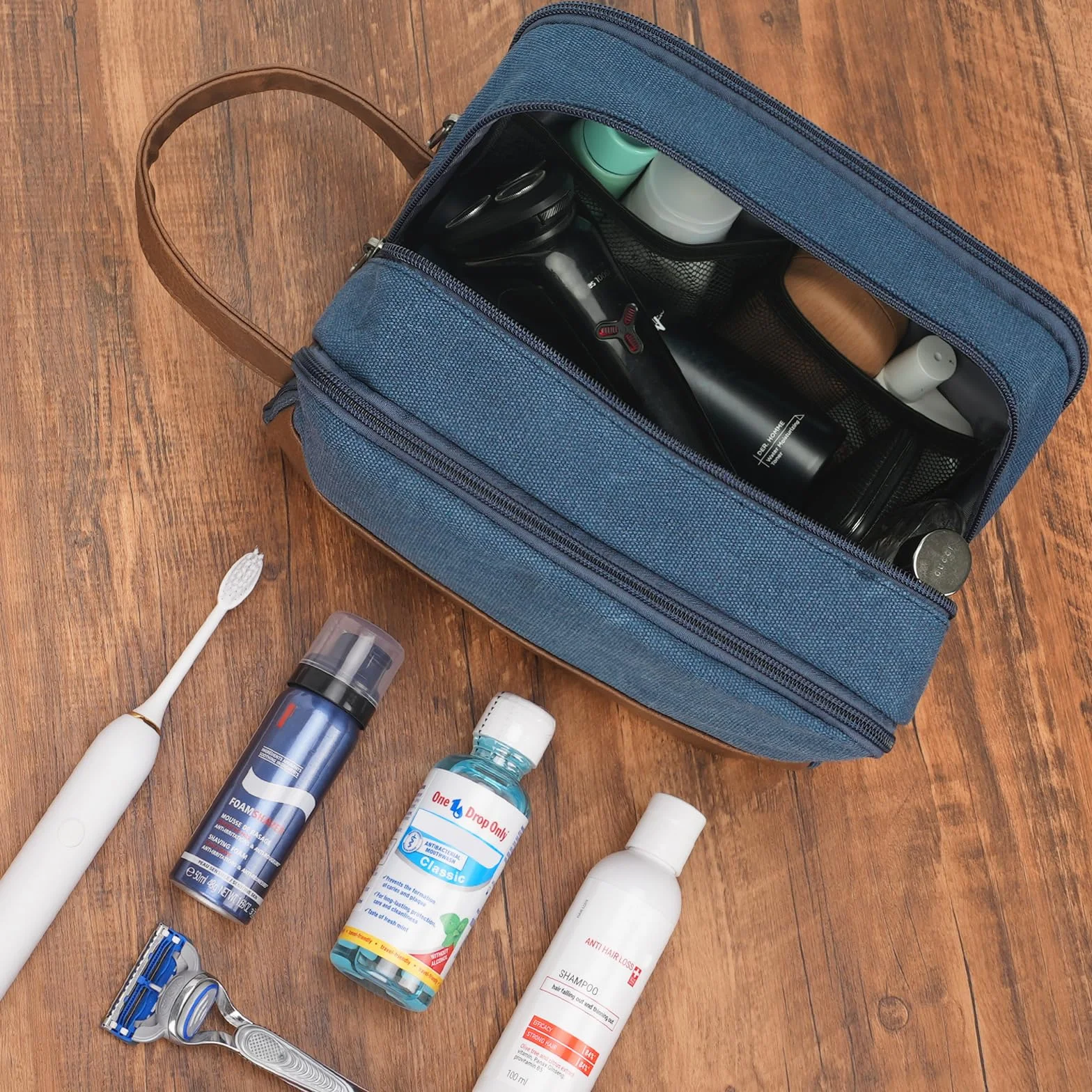 WANDF Trousse de Toilette de Voyage pour Hommes Suspendue Organisateur Toile en Toile Résistant à l'eau Bleu