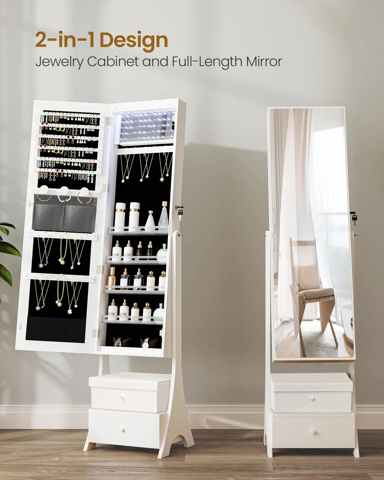 Hzuaneri Armoire à bijoux 108cm avec miroir sans cadre, 8 LEDs, 1 tiroir, 5 étagères, blanc et noir