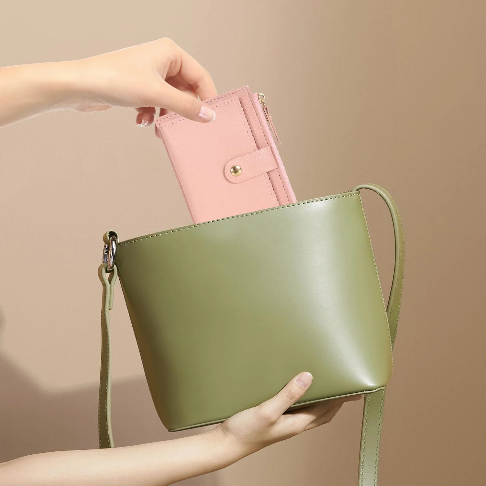 Portefeuille Femme Cuir Mini Porte Cartes avec Fermeture éclair 14x9x0.5cm Rose