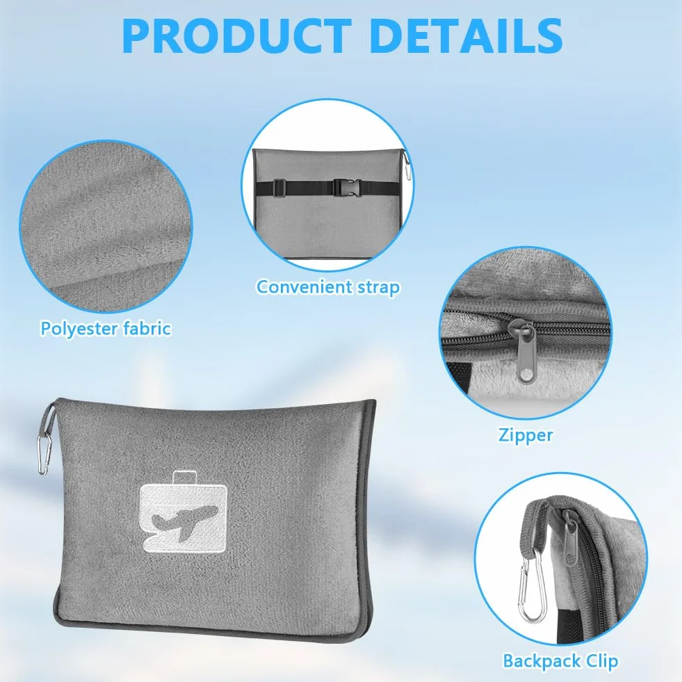 flintronic Couverture de Voyage Avion 2 en 1 Oreiller et Couverture Doux Chaud avec Masque de Sommeil Bouchons d'oreille Pince Sac à Dos Gris