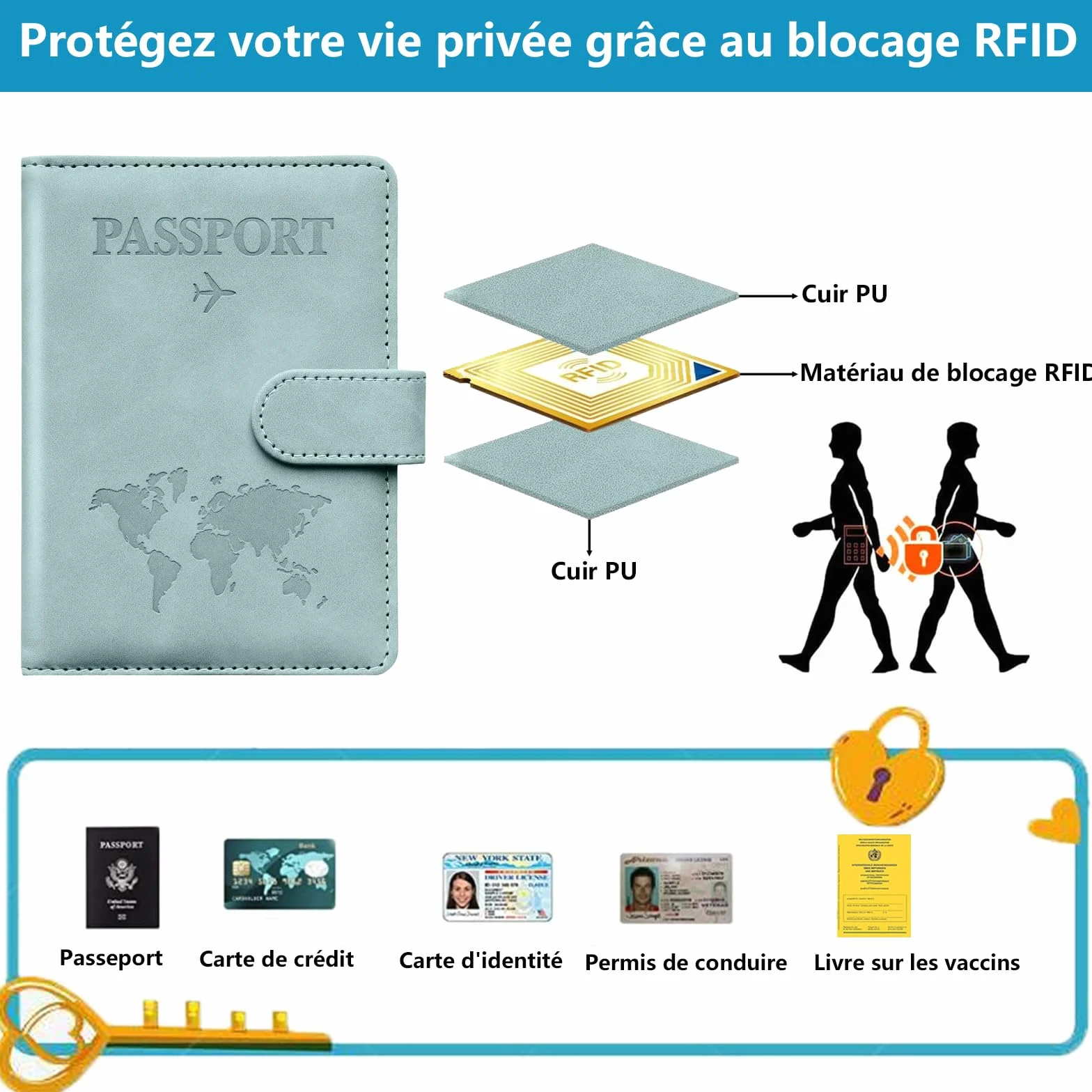 Toctax Protege Passeport Francais et Etiquette Valise avec Bloqueur RFID, Passport Cover pour Hommes et Femmes (Bleu)