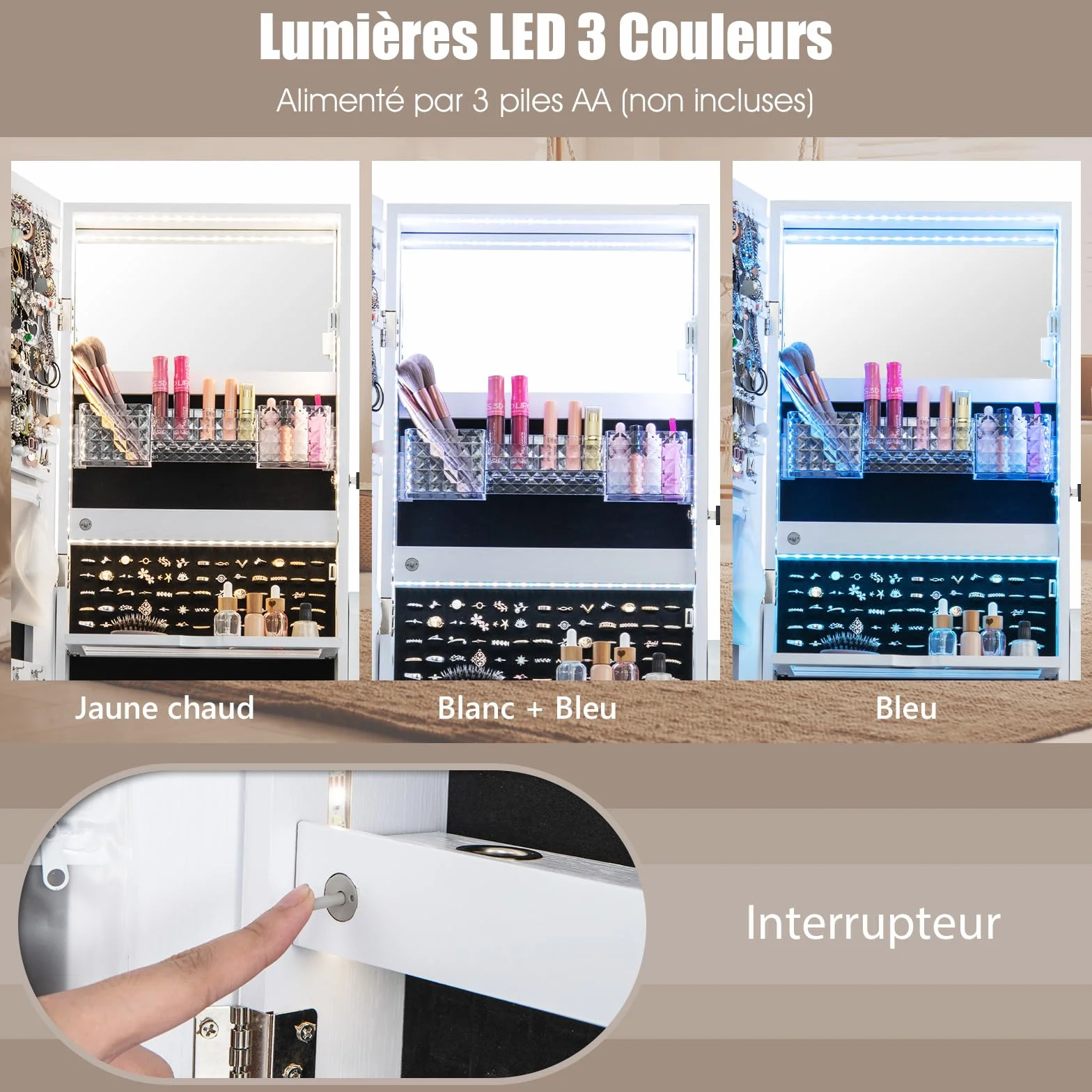 COSTWAY Armoire à Bijoux sur Roulettes Verrouillable avec Miroir Psyché et Lumières LED 3 Couleurs (Blanc)