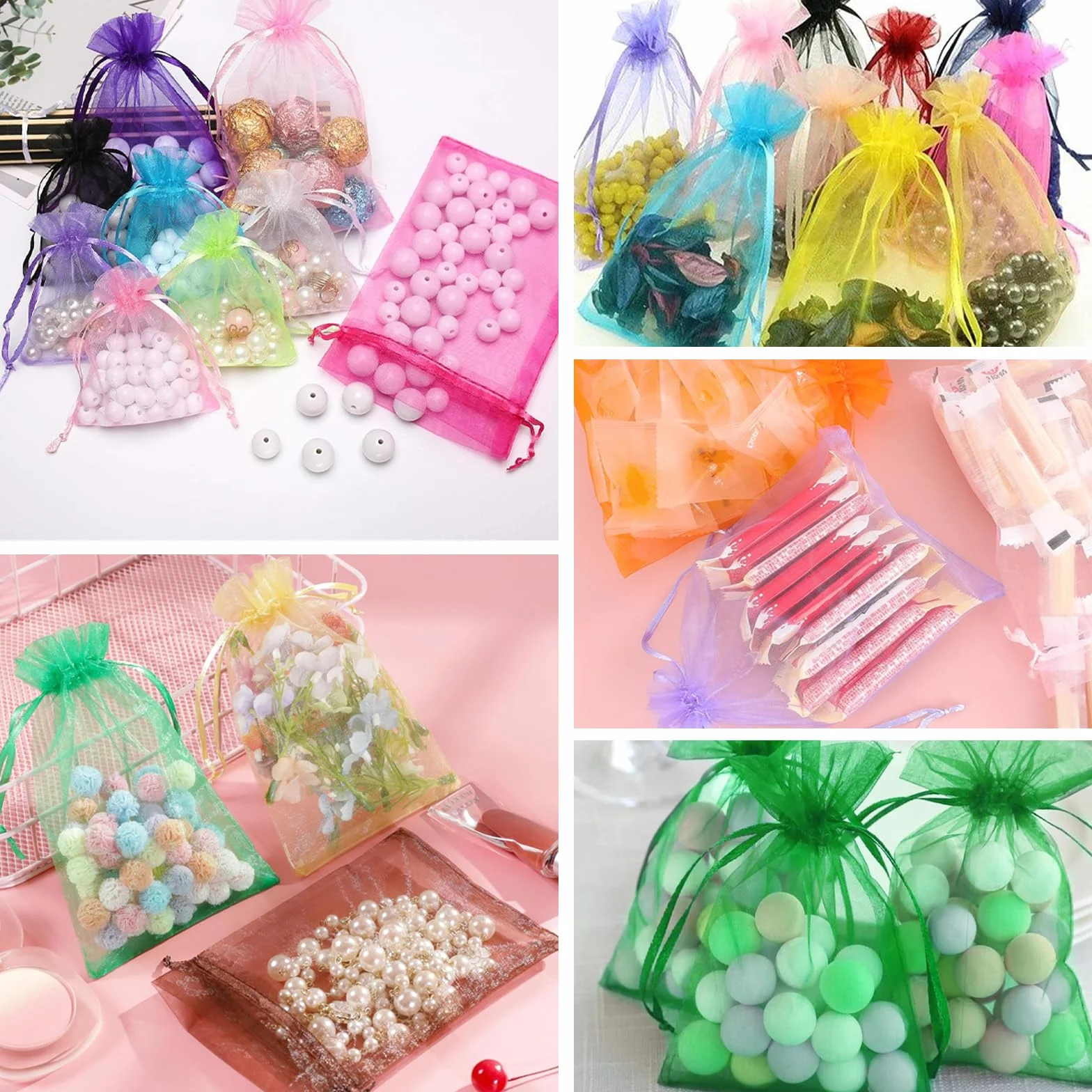 POPOYU 100Pcs Organza Sachet 7x9cm Tulle Dragées Jewellery Drawstring Bag