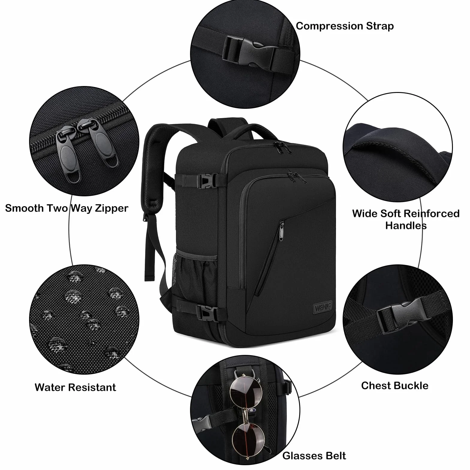 WENIG Bagage Cabine 40x30x20 24L Sac à Dos Voyage Avion avec Port USB Ordinateur Portable 14 Pouces Noir