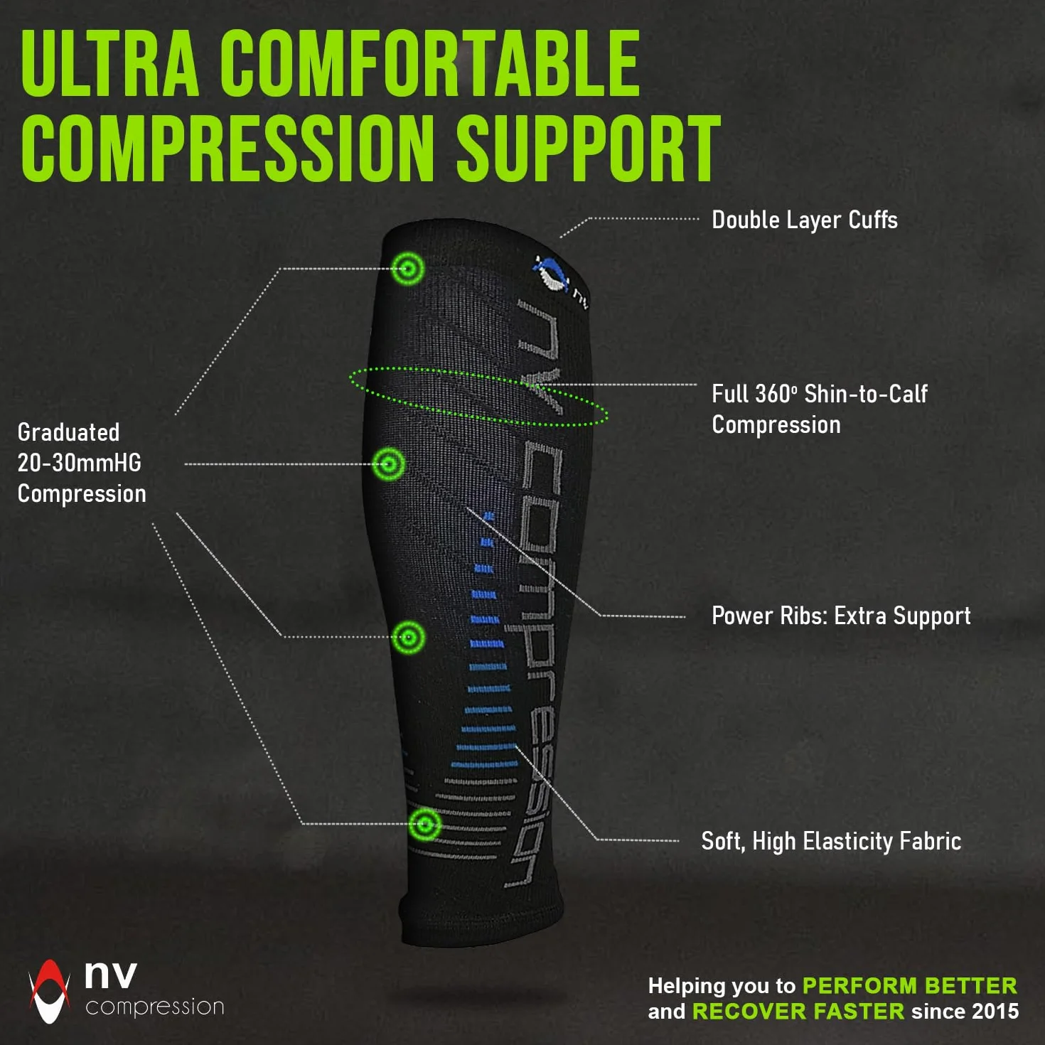Manchons de compression pour les mollets Race and Recover Running Cycling Crossfit Gym Noir Bleu L-XL